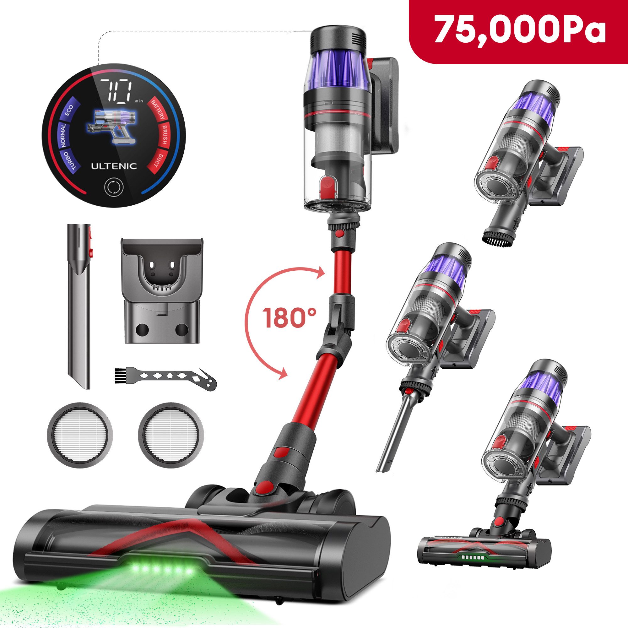 Ultenic Akku-Hand-und Stielstaubsauger UL16P Akku Staubsauger,75000PA,70min, Anti Tangle für Tierhaare, 550,00 W, beutellos, 180°flexibles Biegegelenk,selbststehendes Design, GreenEye-Technologie