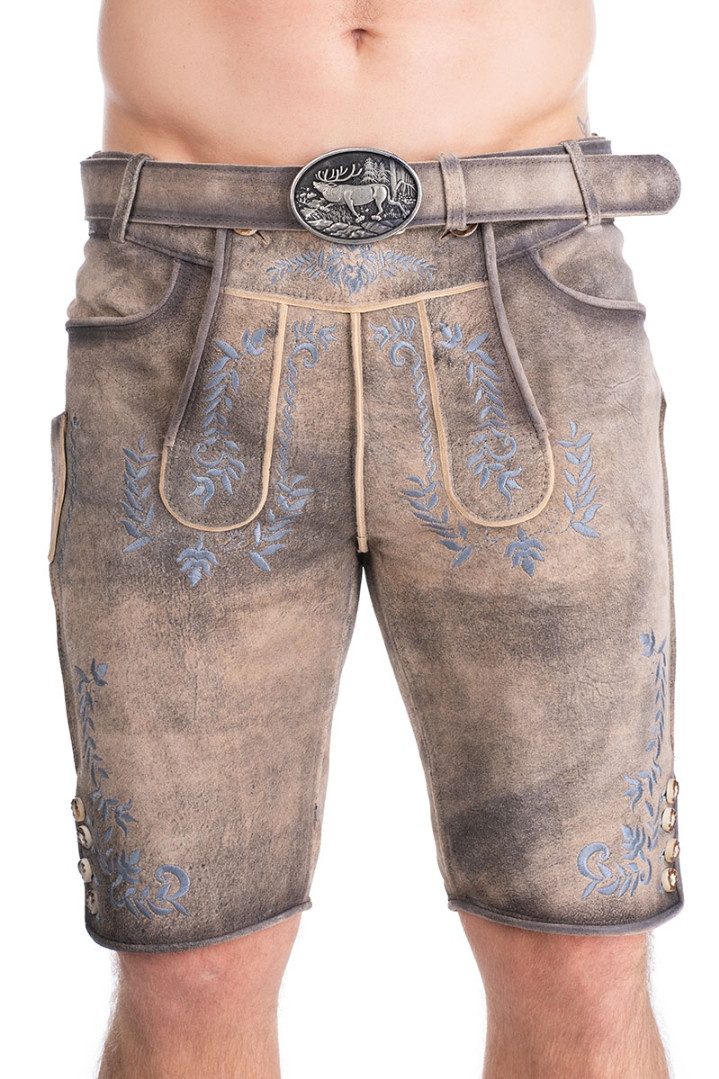 Trachtenlederhose Lederhose Herren kurz - GREDING - steingrau/denim