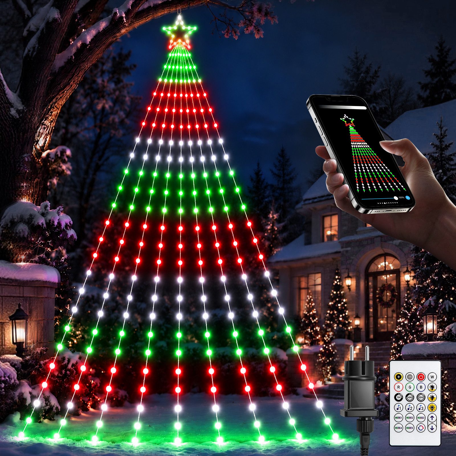 XIIW Lichtervorhang Außen Wasserfall Weihnachtsbaum Lichterkette 5 m 245 LEDs RGB App FB, 20 Sterne + 25 Lichtstreifen, 30+ Szenen, Musik-Sync & Timer, App