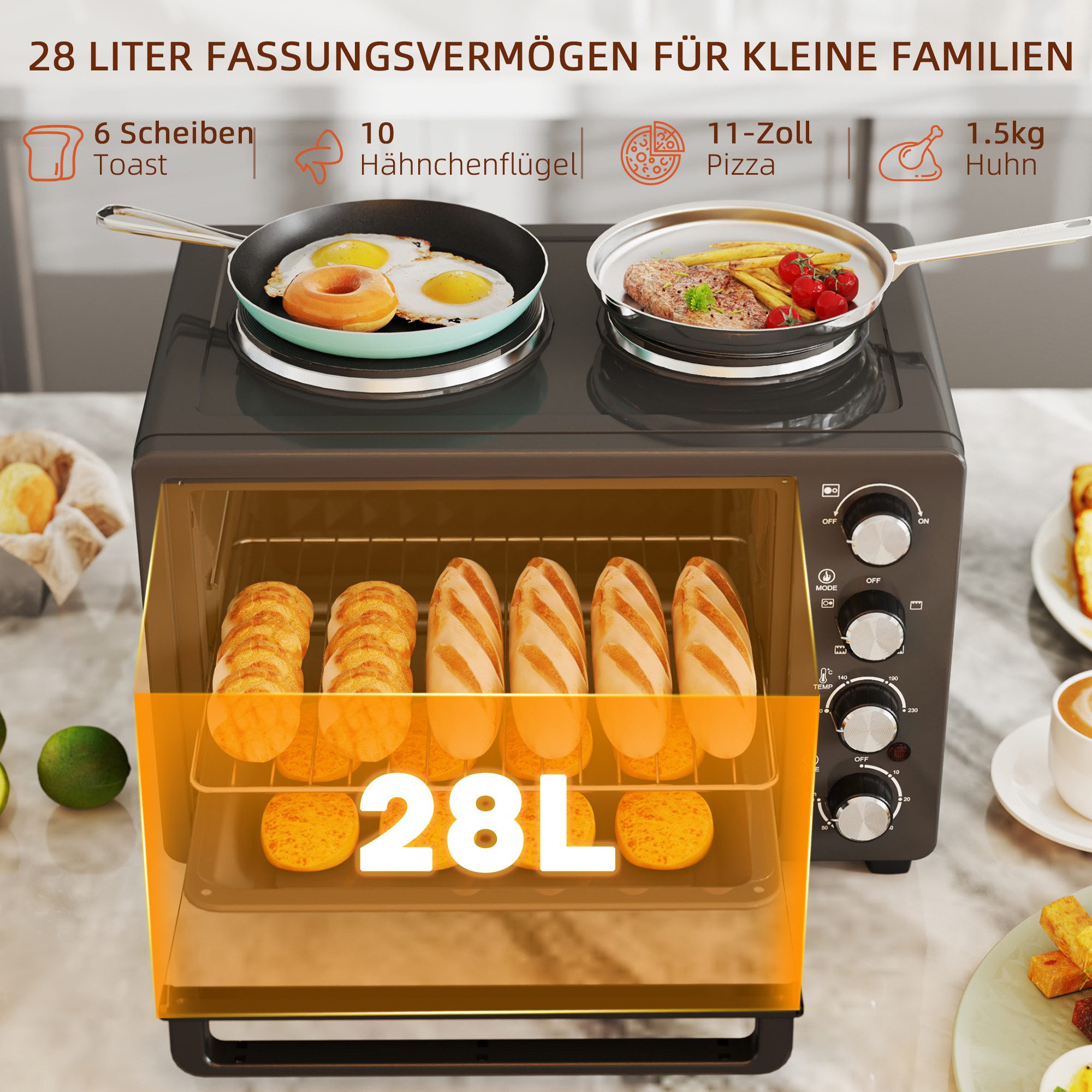 HOMCOM Minibackofen Mini Backofen 28L inkl. Krümelblech, mit Innenbeleuchtung Schwarz, mit Warmhalteplatten, Backblech und Grillrost – Bild 5 von 5