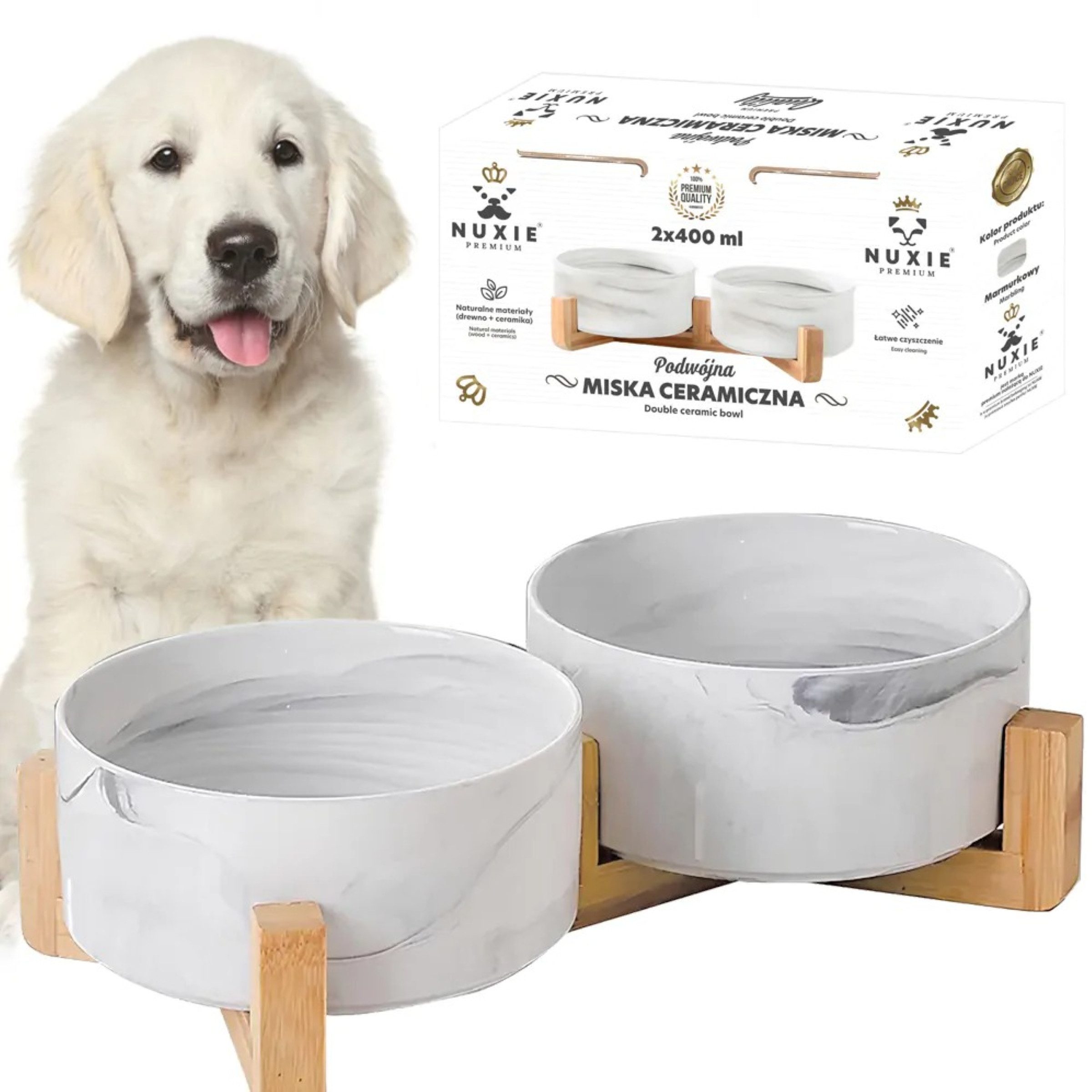 NUXIE PREMIUM Napf-Set Doppelter Keramik Katzennapf mit Bambusständer 2x400ml Marmor, Keramik, Doppelnapf mit Keramikschalen, Bambusständer und Marmordesign