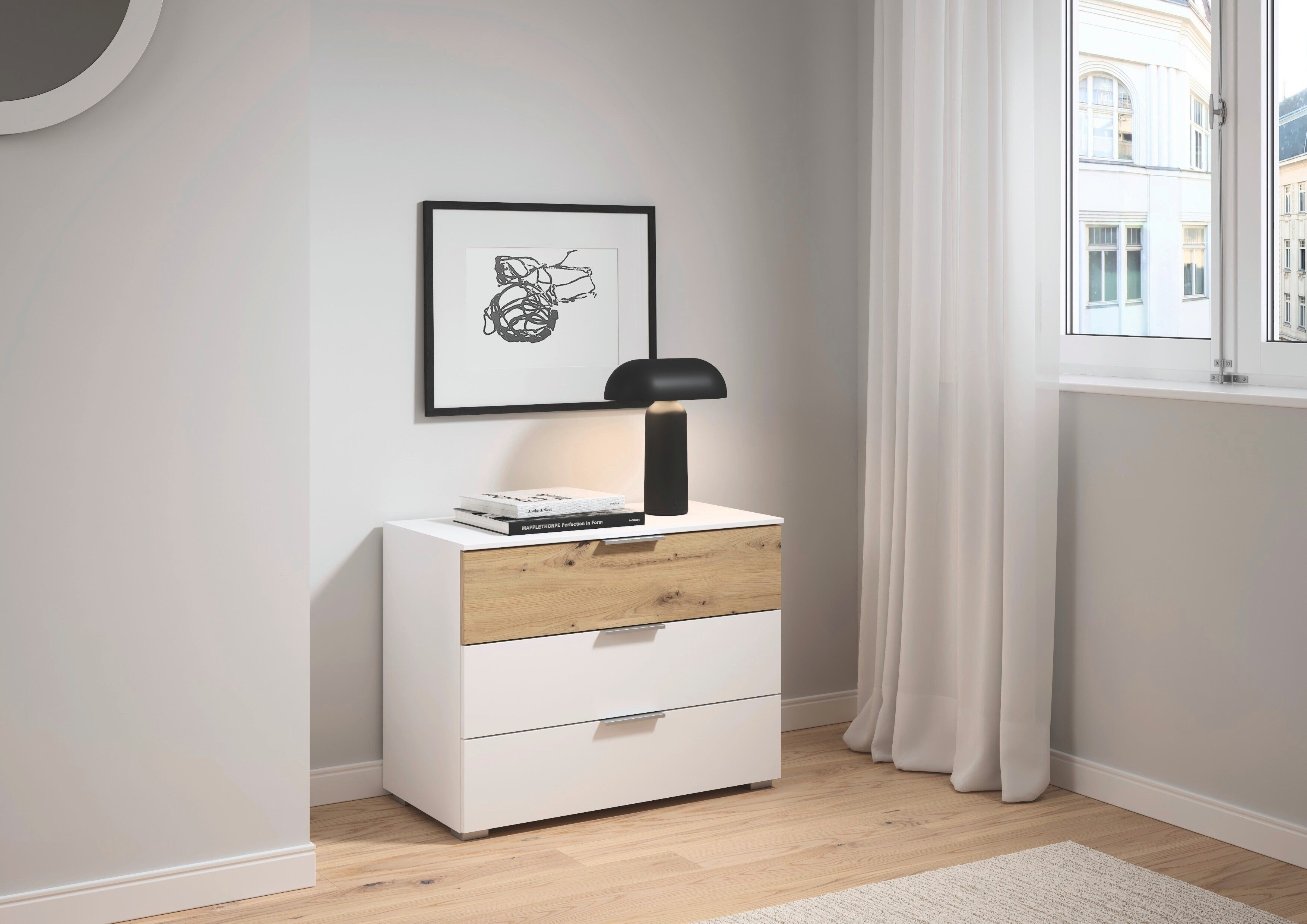 OTTO home Schubkastenkommode Kommode Sideboard Schubladenkommode Schlafzimmerkommode ASTANA (Breite 80 cm / Höhe 61 cm), mit 3 geräumigen Schubladen, Kantengriff in Alufarben MADE IN GERMANY