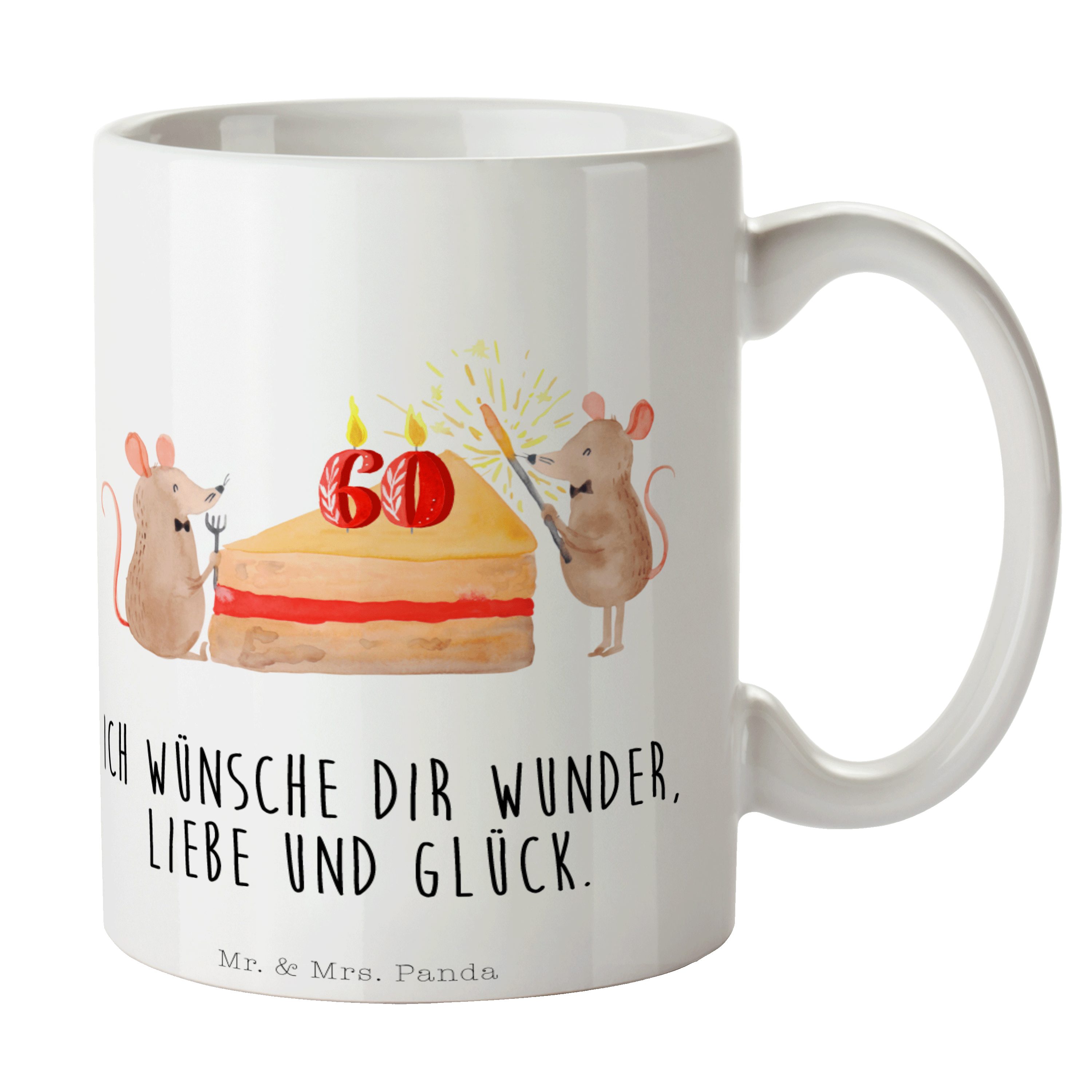Mr. & Mrs. Panda Tasse 60. Geburtstag Mäuse Kuchen - Weiß - Geschenk, Geschenk Tasse, Geburt, Keramik