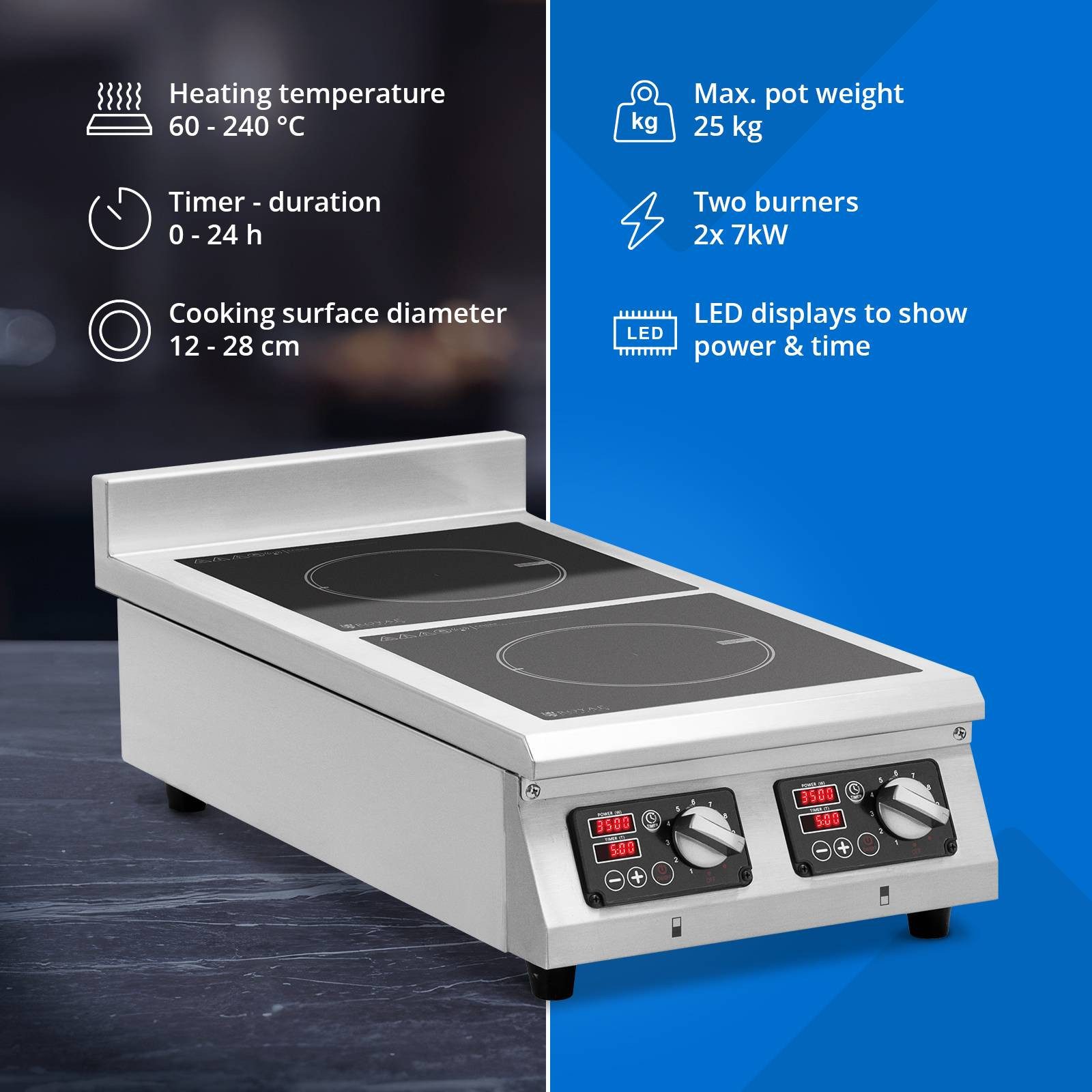 Royal Catering Induktions-Kochfeld RCIC-3002T, Doppelte Induktionsplatte 2 x 28 cm 10 Stufen 24h Timer 400V 2x 3500 W