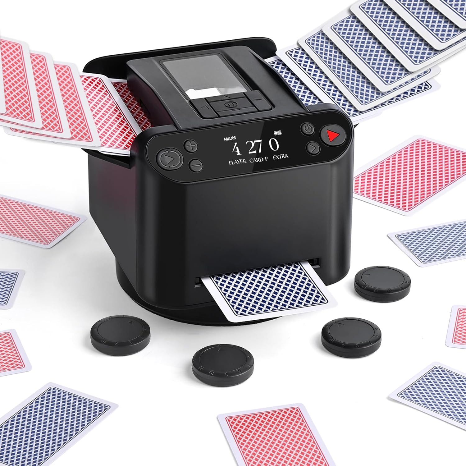 TWUFY Spiel Kartenmischmaschine mit Austeilen, 360° Drehung für 1–2 Decks, Familienspiel, Gesellschaftsspiel, mit 4 Fernbedienungen,Für 2–12 Spieler,Leise für Poker