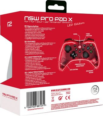 Ready2gaming Nintendo Switch Pro Pad X Led Edition in transparent mit roter LED Nintendo-Controller