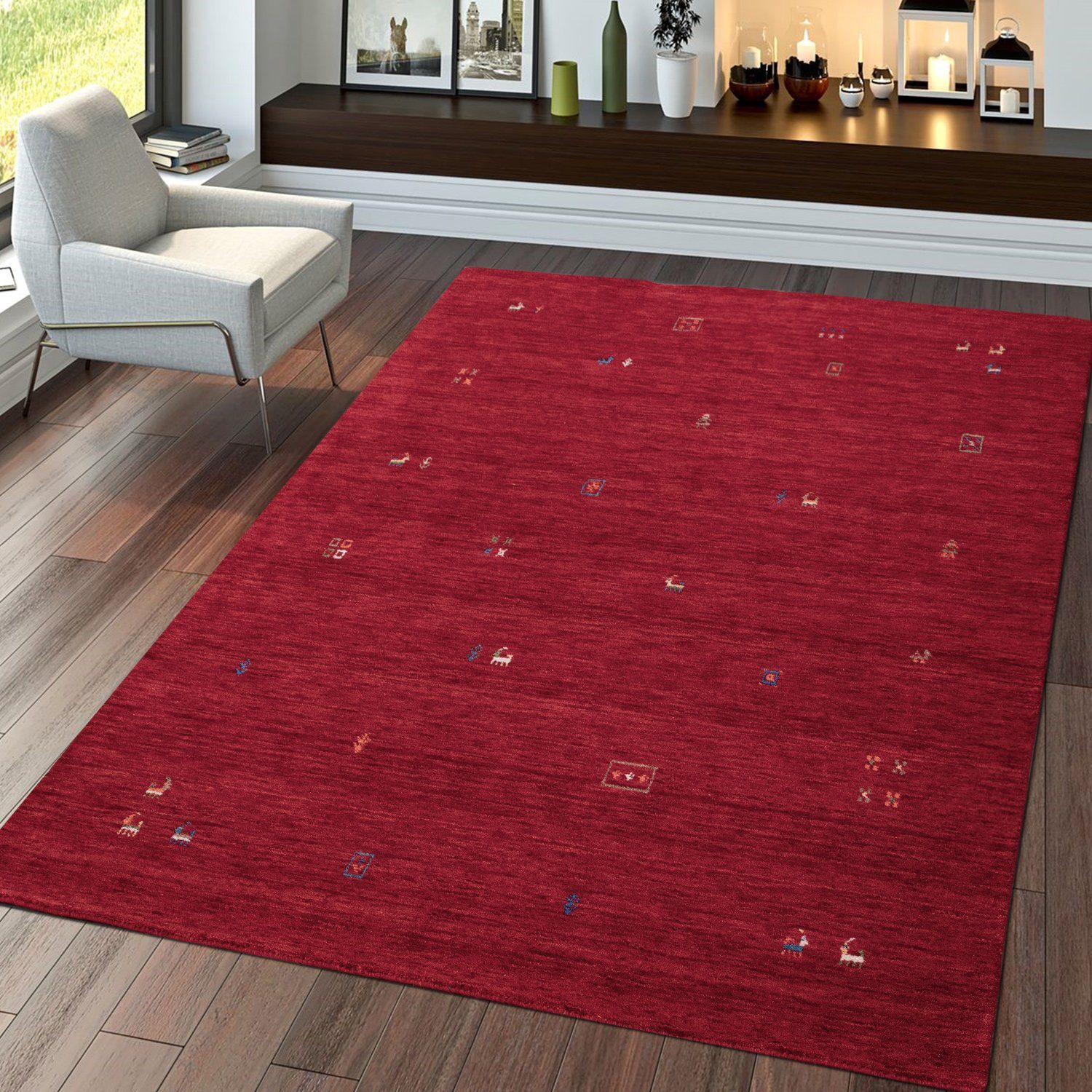 Teppich Rot Wohnzimmer Handgewebt Wolle Gabbeh Ethno Muster Weich Flauschig, TT Home, rechteckig, Höhe: 13 mm