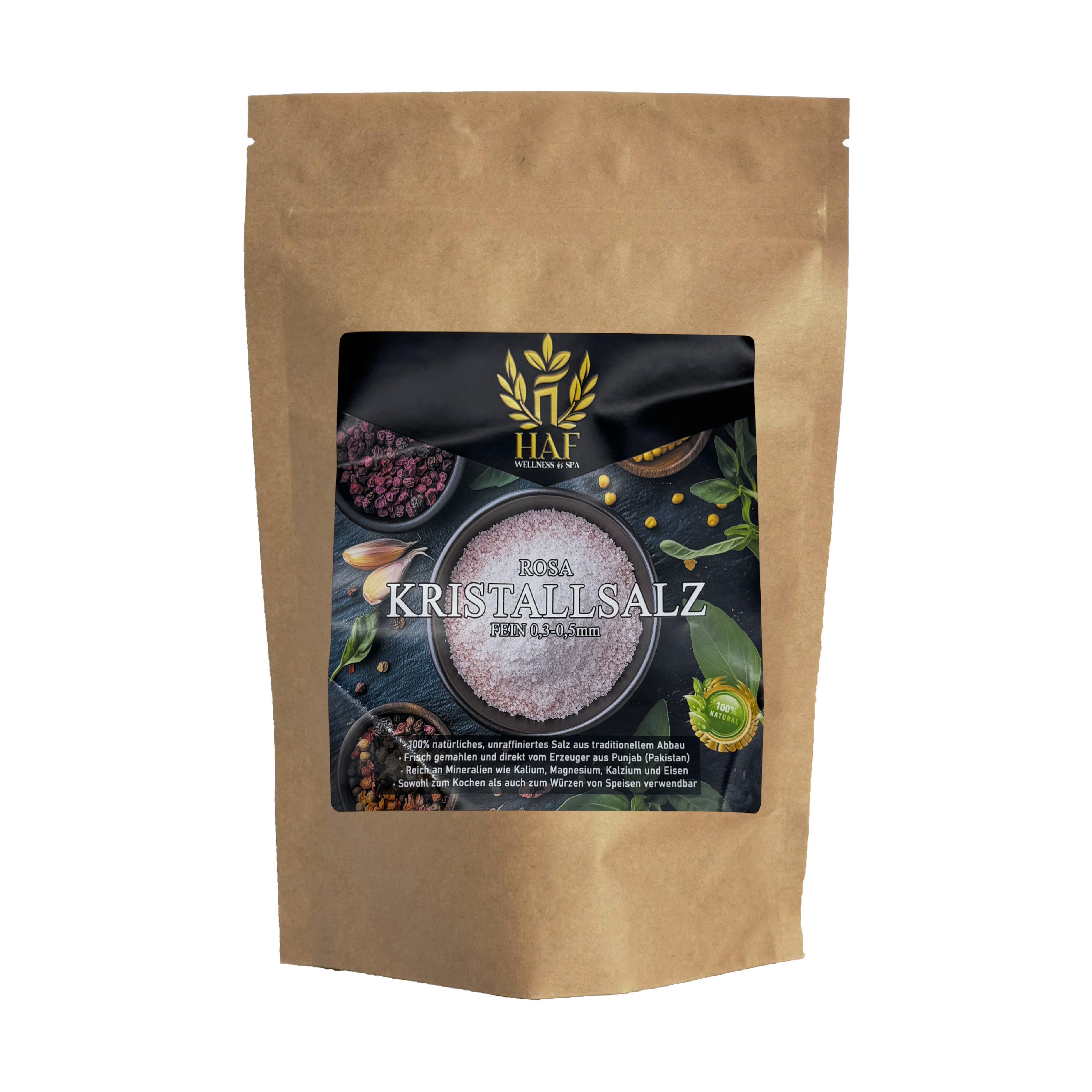 HAF Salzkristalle Rosa Kristallsalz 0,3–0,5mm 100% Natürliches Steinsalz Speisesalz, (Hervorragend zum Kochen und Würzen, 500 St., Je nach Auswahl 500g-3000g), Bei richtiger Lagerung unbegrenzt haltbar