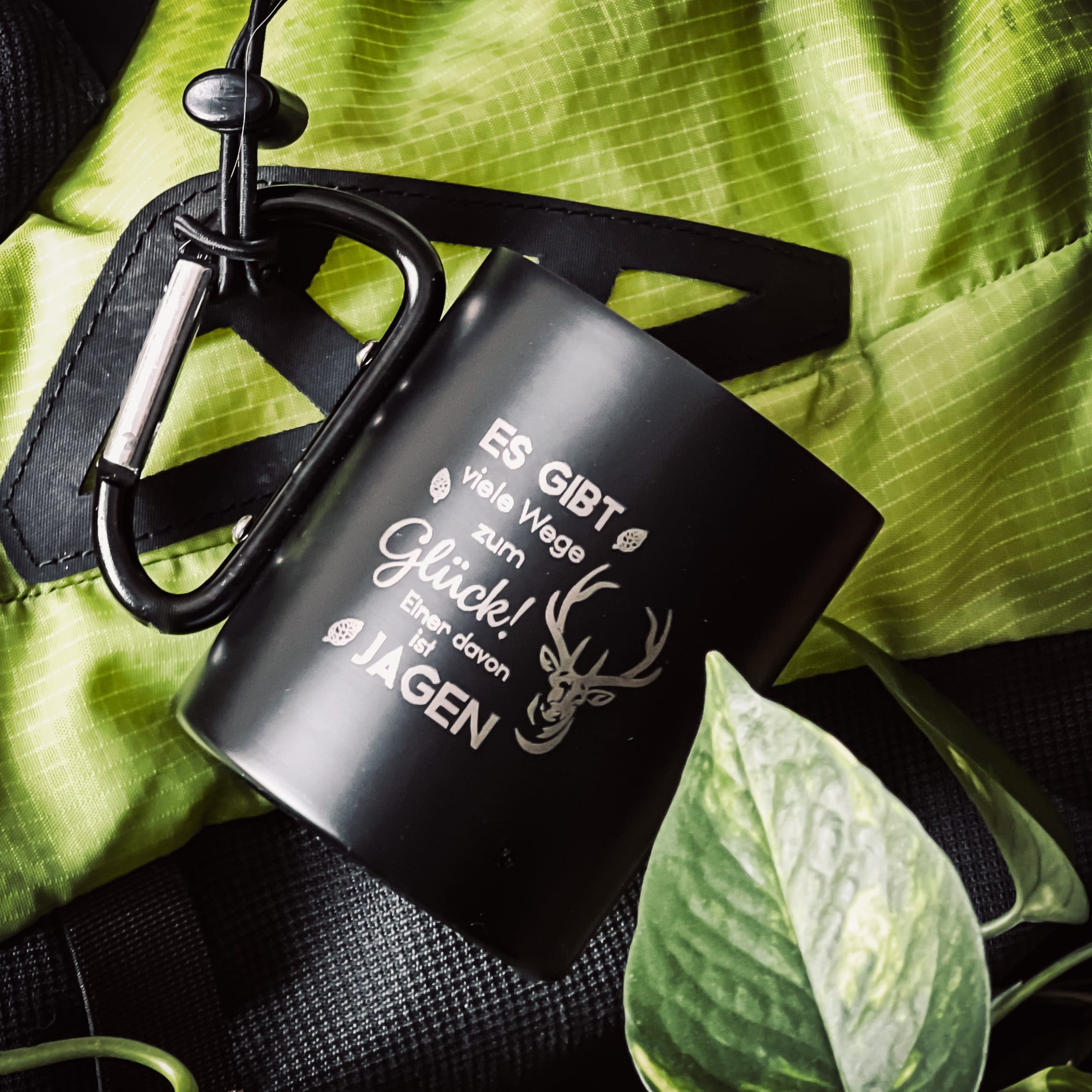 Spruchreif® Tasse Doppelwand Edelstahltasse mit Karabinerhaken & Gravur, Jagdgeschenk