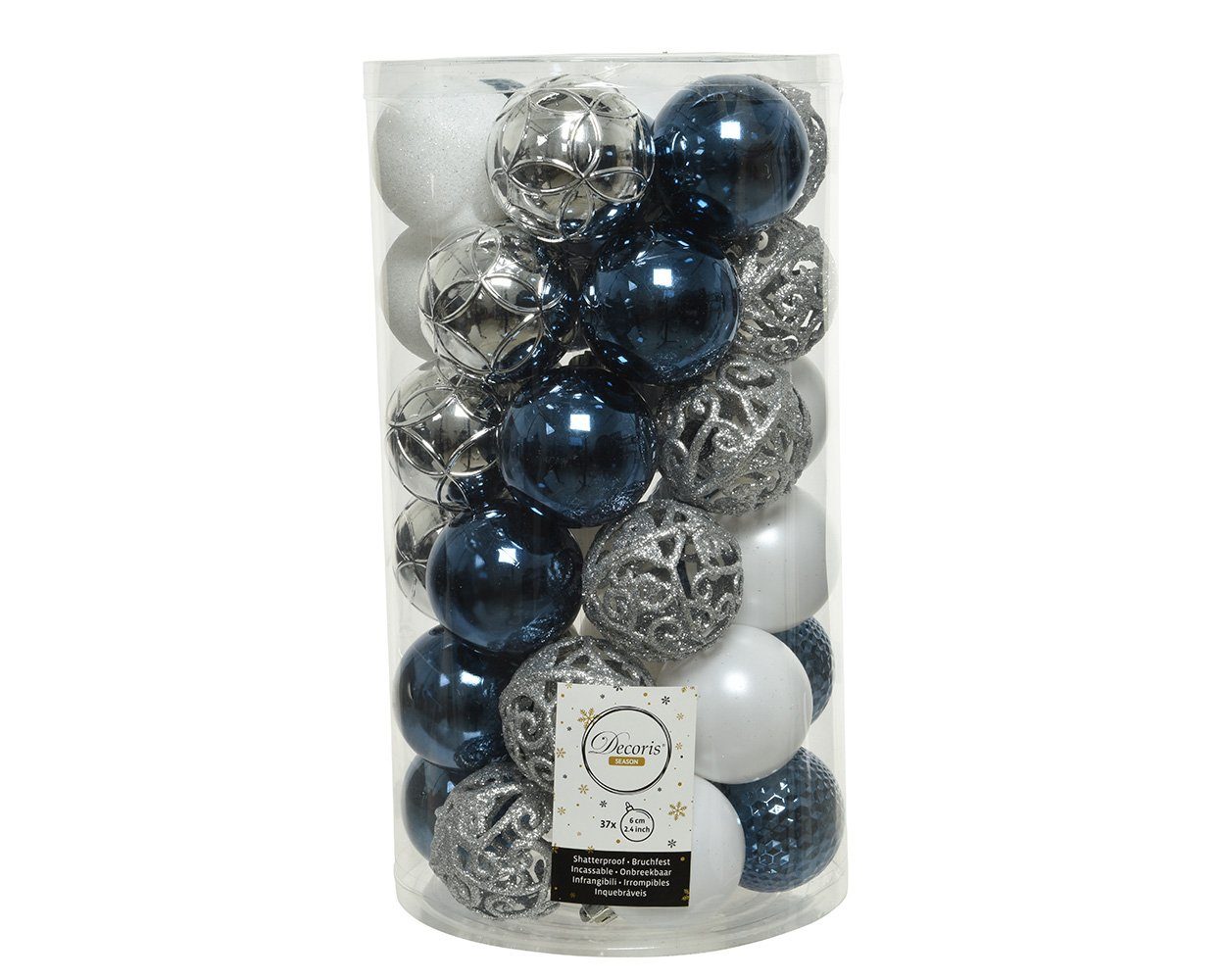 Weihnachtsbaumkugel, 6cm silber, season 37er Ornamente / Kunststoff blau Set Weihnachtskugeln decorations Decoris