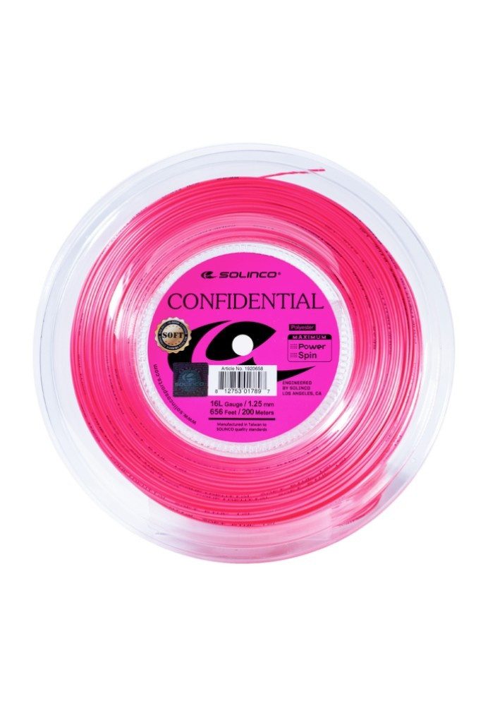 Solinco Tennissaite Confidential Soft (Haltbarkeit+Spielgefühl) pink 200m Rolle, Saitendicke: 1.30