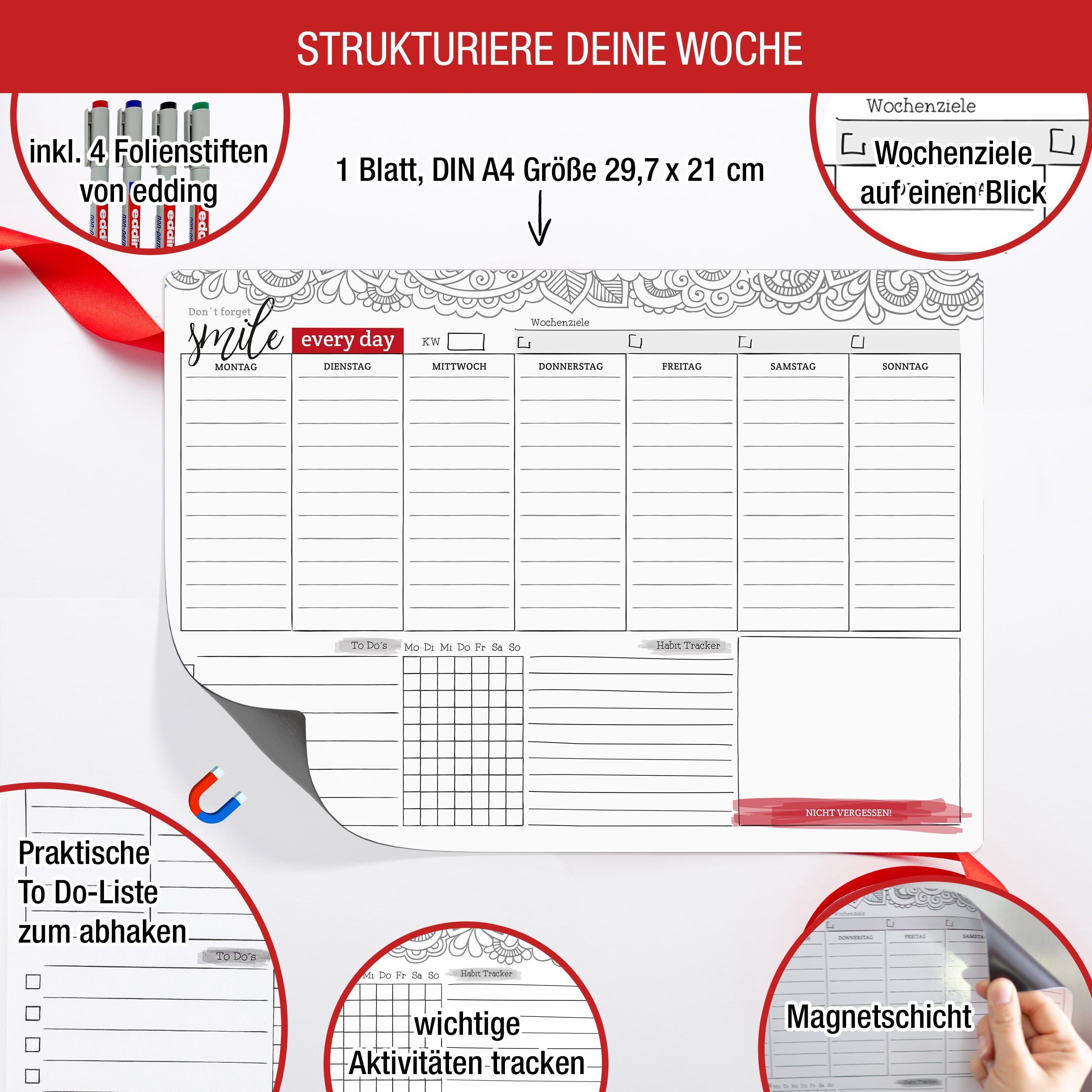 TOBJA Magnettafel Wochenplaner A4 Magnetfolie +4 Stifte wiederbeschreibbar, Abwischbarer Organizer inklusive 4 Markenstifte DIN A4 – Bild 3 von 5