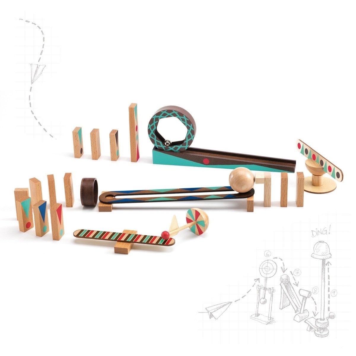 DJECO Spiel Zig & Go Domino Kugelbahn 28 Teile für Kettenreaktionen, Zig & Go Domino Kugelbahn 28 Teile