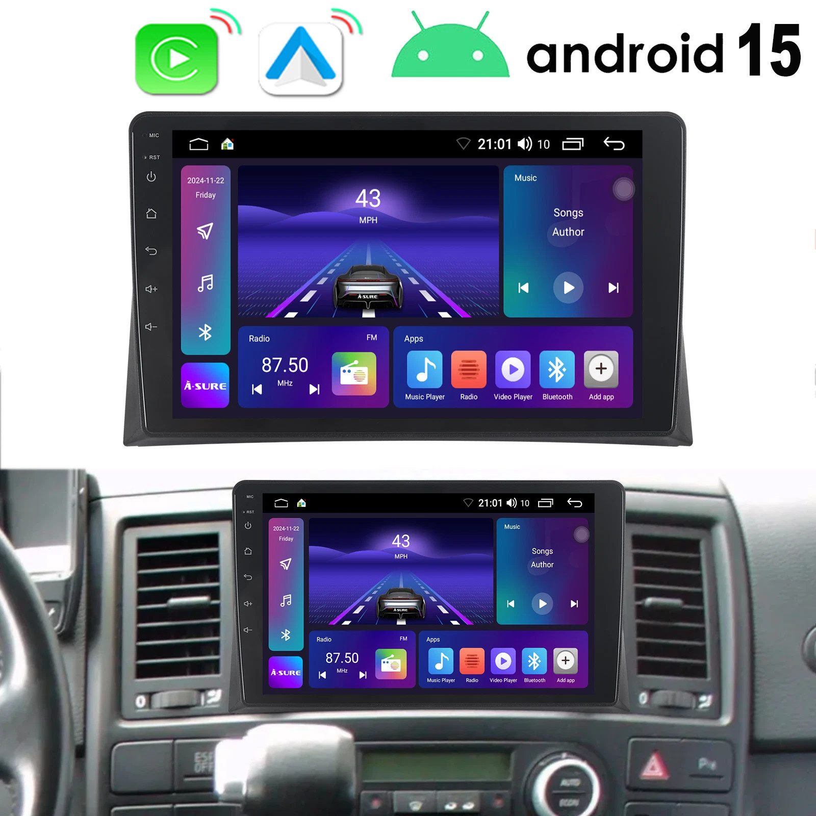 A-Sure Carplay Android 15 Navi Für VW T5 Multivan Transporter 2010-2015 Autoradio (DSP, RDS, Digitalradio (DAB), USB, 1280*720)