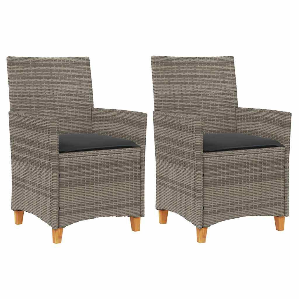 vidaXL Gartenstuhl Gartenstühle mit Kissen 2 Stk. Grau Poly Rattan Massivholz (2 St)