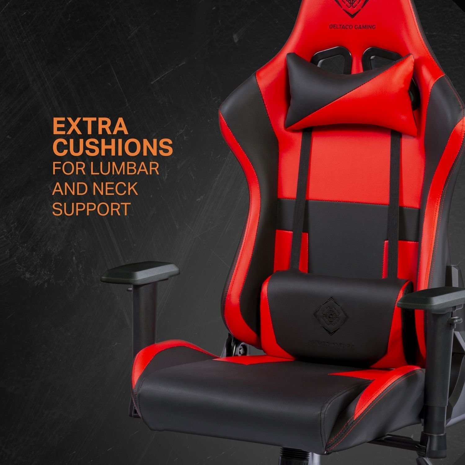 DELTACO Gaming-Stuhl 110kg Stuhl inkl. Kissen Stuhl 5 (kein extra Gaming Gamer Rückenlehne, Jumbo hohe Jahre Set), Herstellergarantie groß, schwarz/rot