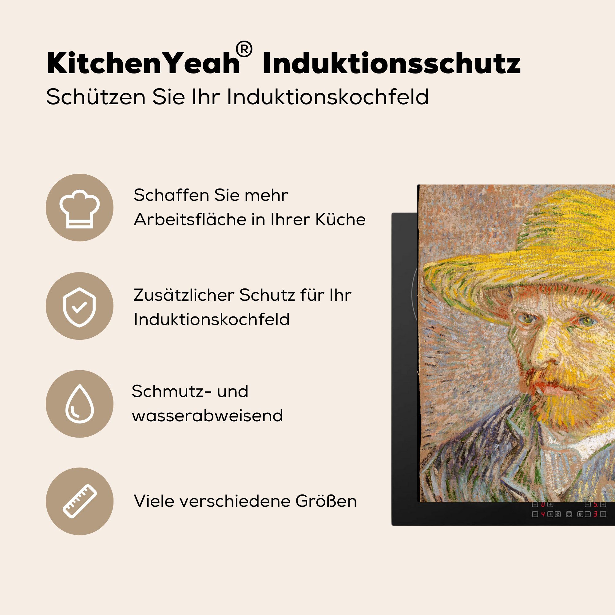 mit (1 für Vincent Arbeitsplatte cm, Ceranfeldabdeckung, tlg), Vinyl, Selbstbildnis Strohhut Herdblende-/Abdeckplatte Gogh, 78x78 van - MuchoWow küche