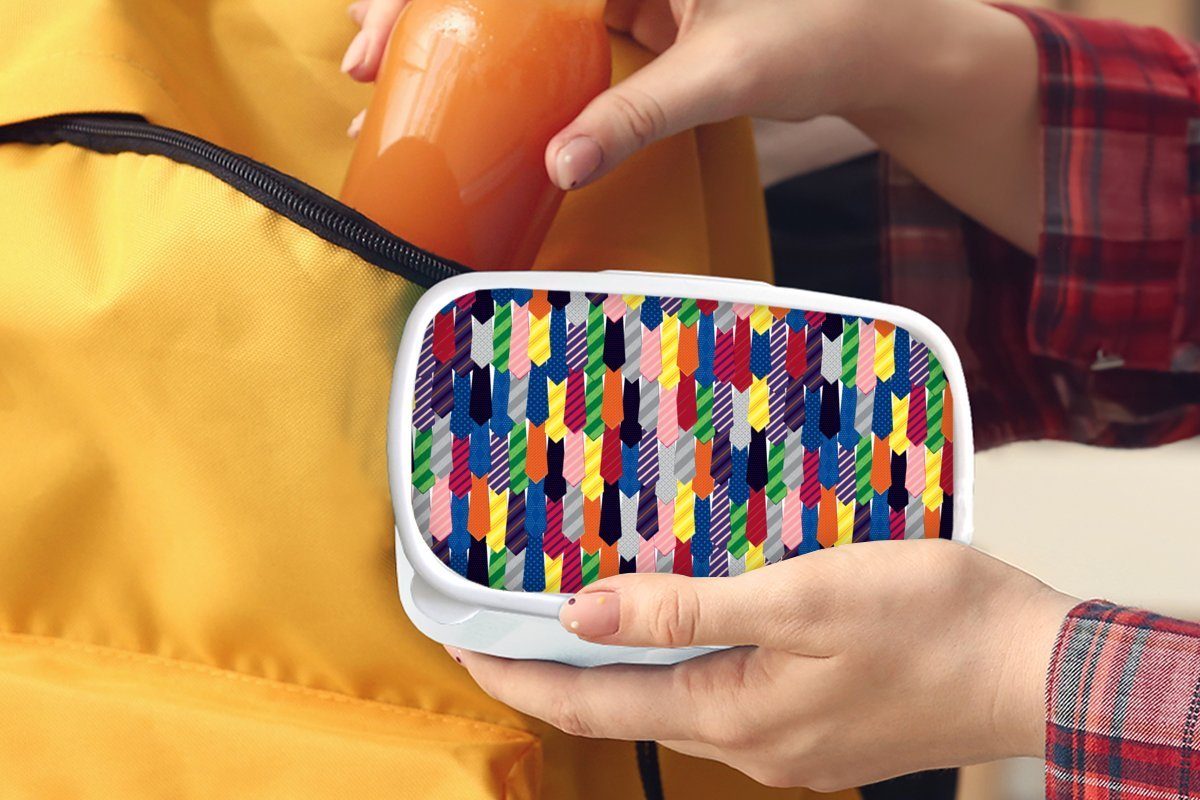 MuchoWow Lunchbox Krawatte - Regenbogen Erwachsene, (2-tlg), weiß Brotbox für Jungs Mädchen für Kunststoff, - Muster, Kinder und und Brotdose