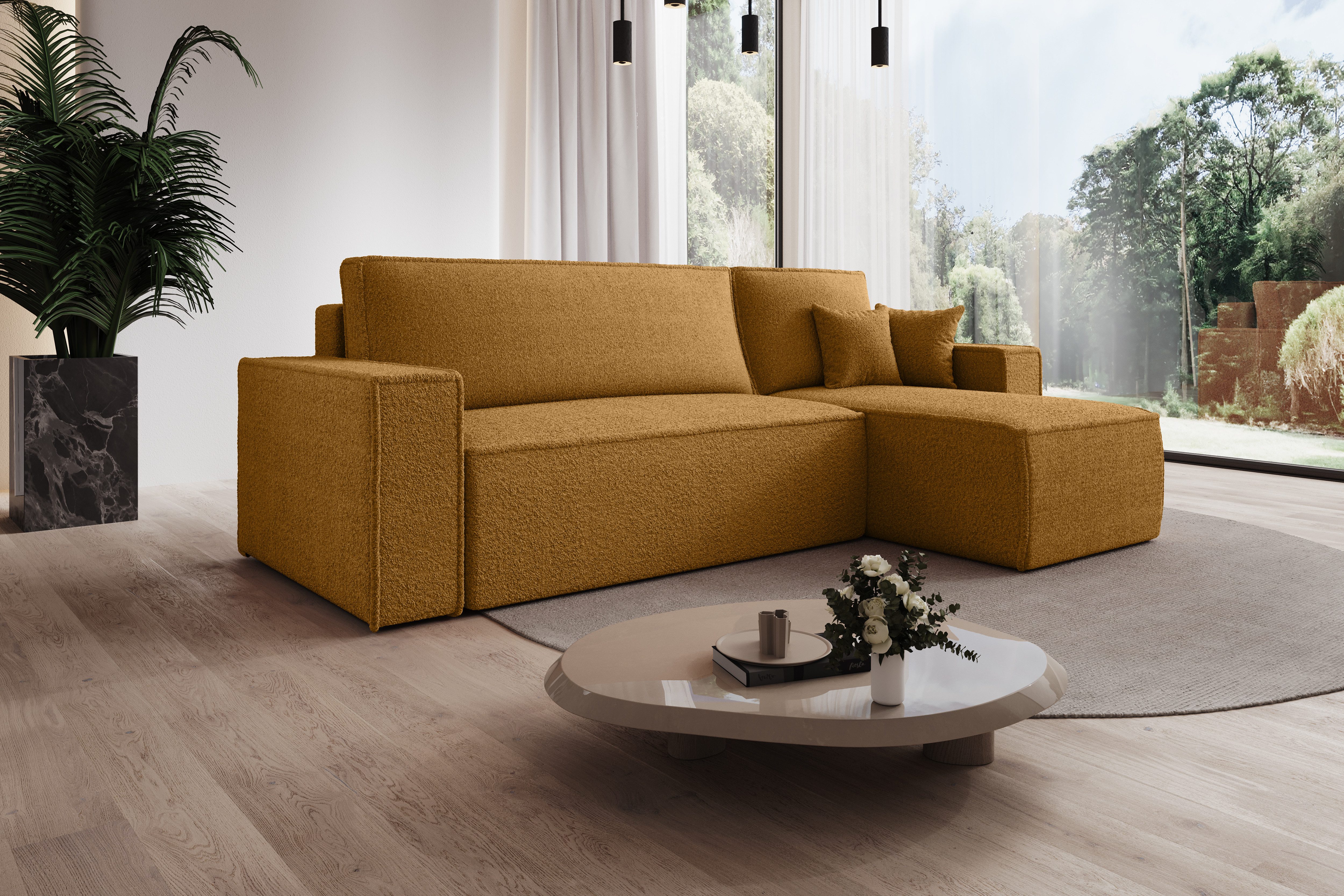 thematys Ecksofa mit Schlaffunktion und Bettkasten, L-Form, Cord und Bouclé + 2 Kissen, 244 x 145cm - Luxus Couch mit Bettfunktion mit Bonnellfedern