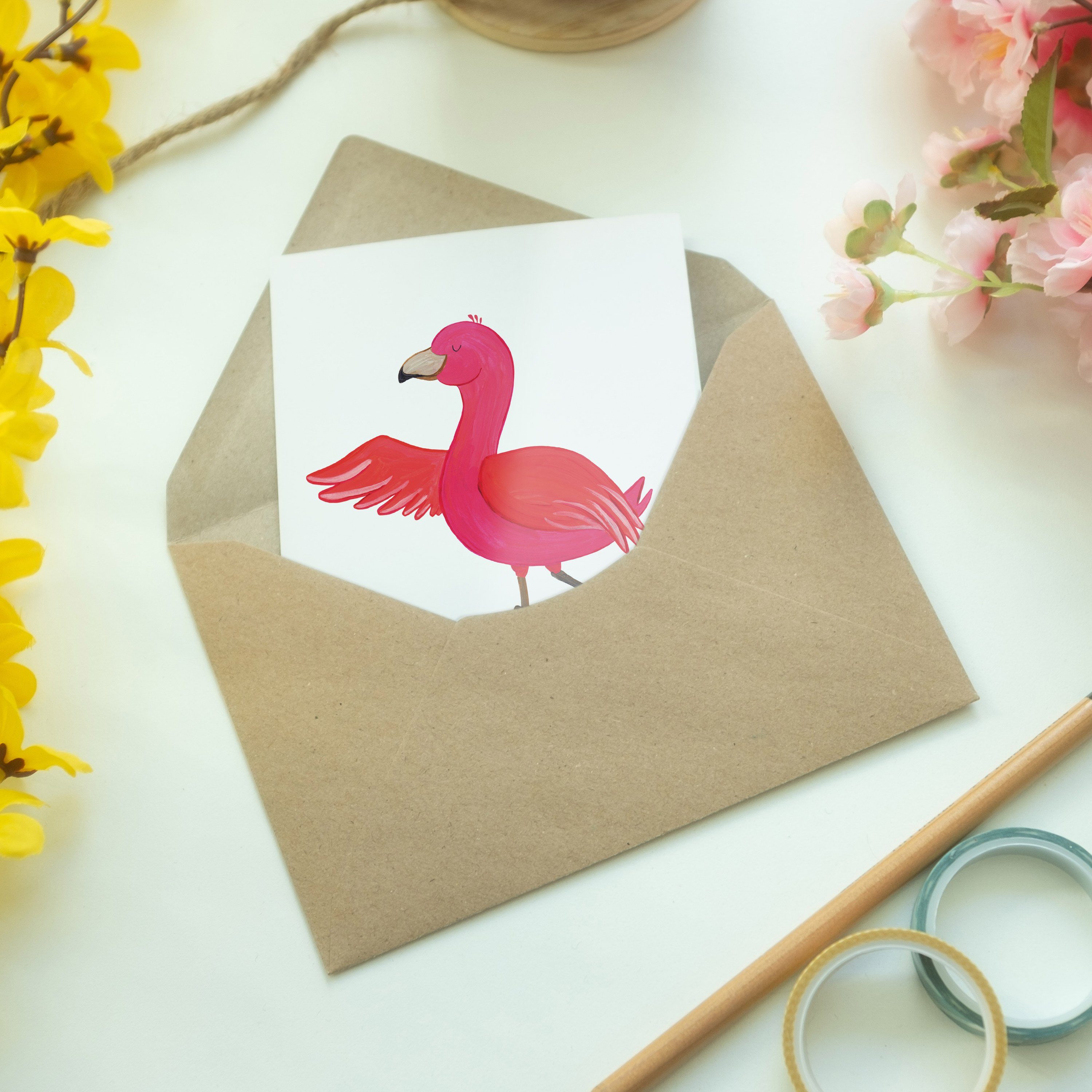 Weiß Geschenk, Karte, Panda Flamingo Mr. - Grußkarte Yoga - Hochzeitsk & Mrs. Tiefenentspannung,