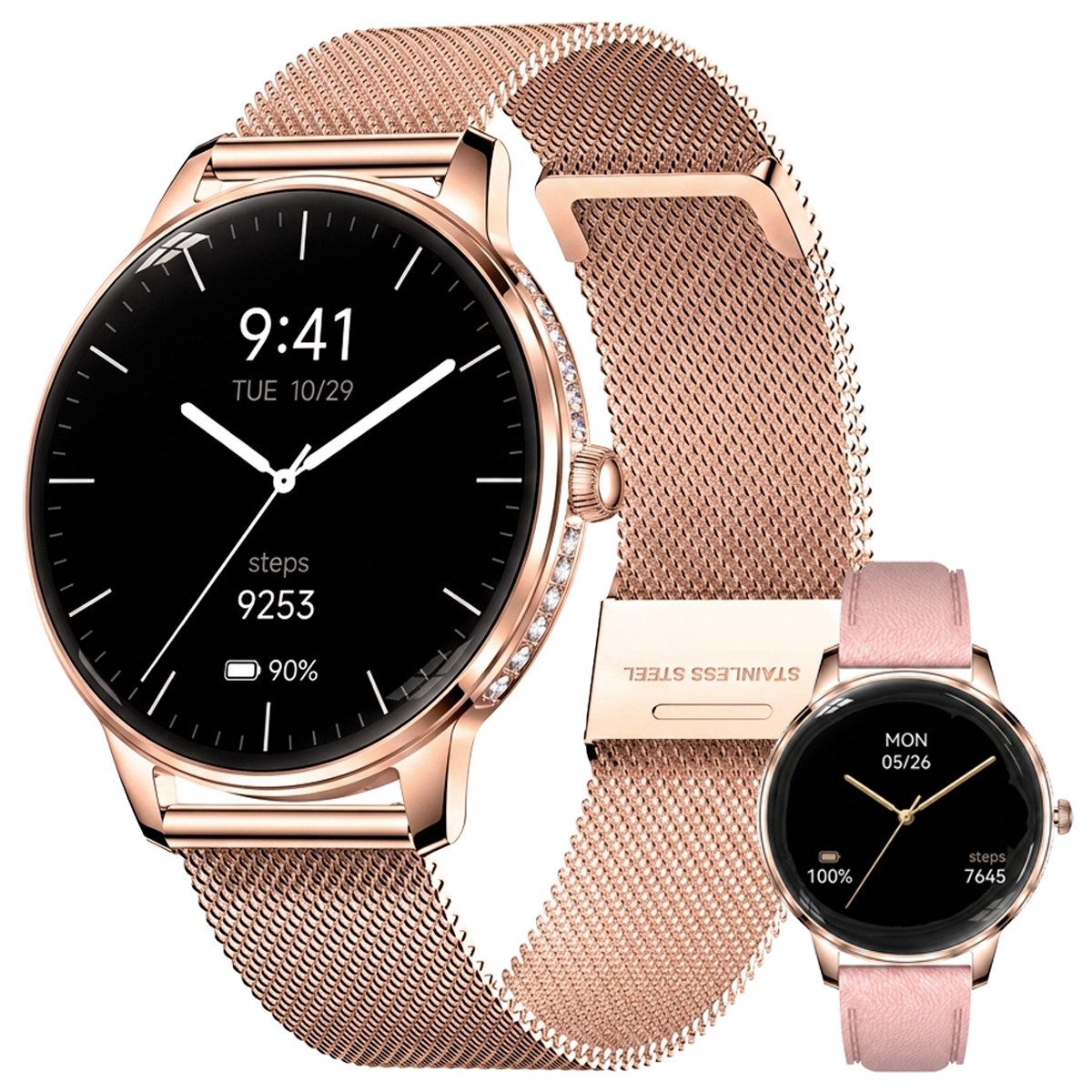 Vashoy Smartwatch Damen,1.19" mit Bluetooth-Anrufen & Sprachassistent Smartwatch (38mm cm/1.19 Zoll, Android4.4/IOS1.0) Spar-Set, 4-tlg., Schritte, Puls, Blutdruck, Stress, Schlaf, Zyklus, IP68 Wasserdicht – Fitnessuhr Kompatibel mit iOS Android