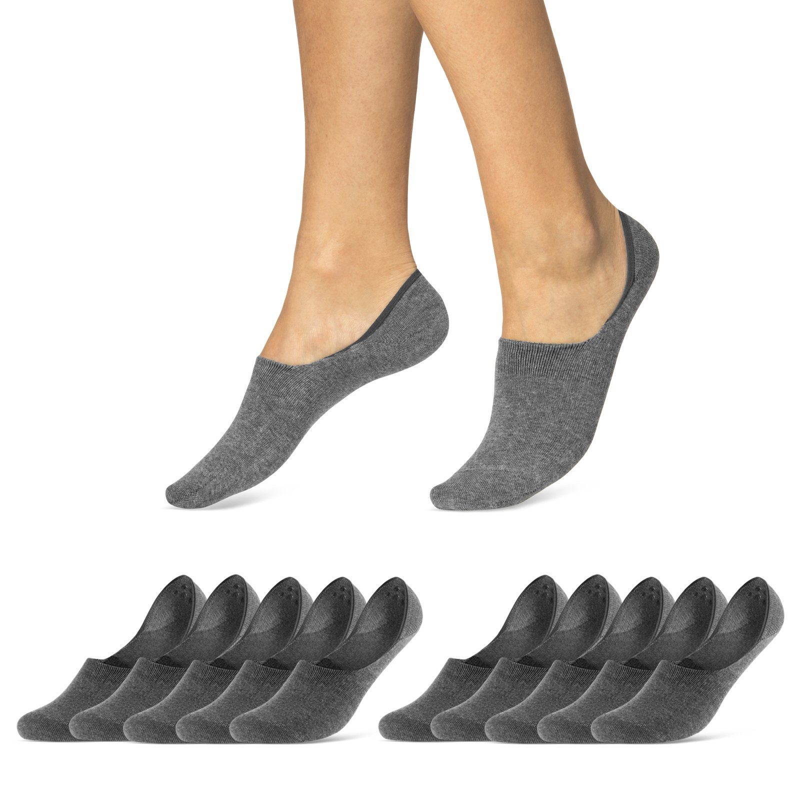 sockenkauf24 Füßlinge 10 Paar Premium Füßlinge aus gekämmter Baumwolle Damen & Herren (Grau, 47-50) Sneaker Socken ohne drückende Naht (Exclusive Line) - 70103T WP