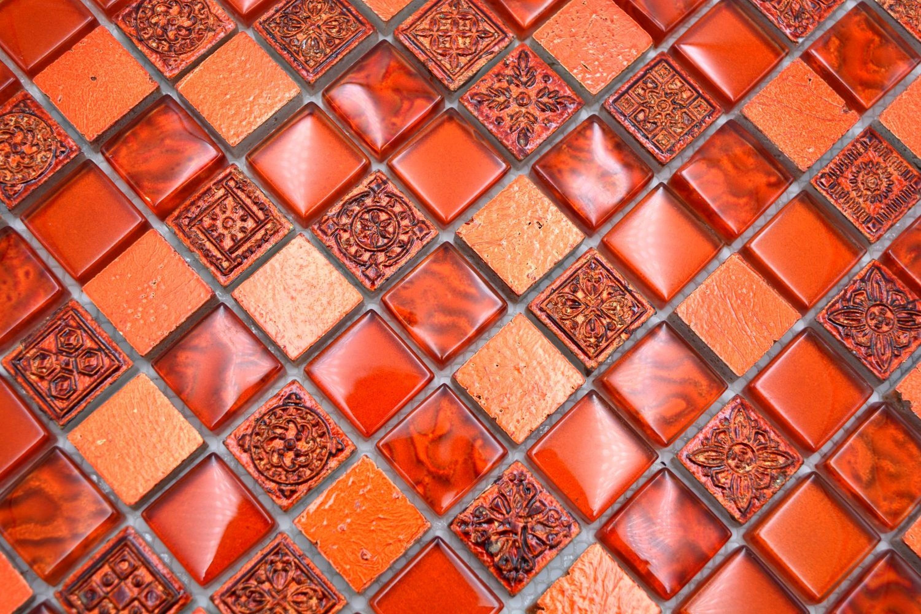 Mosani Mosaikfliesen Mosaikfliese Kunststein Rustikal hellrot Resin Glasmosaik