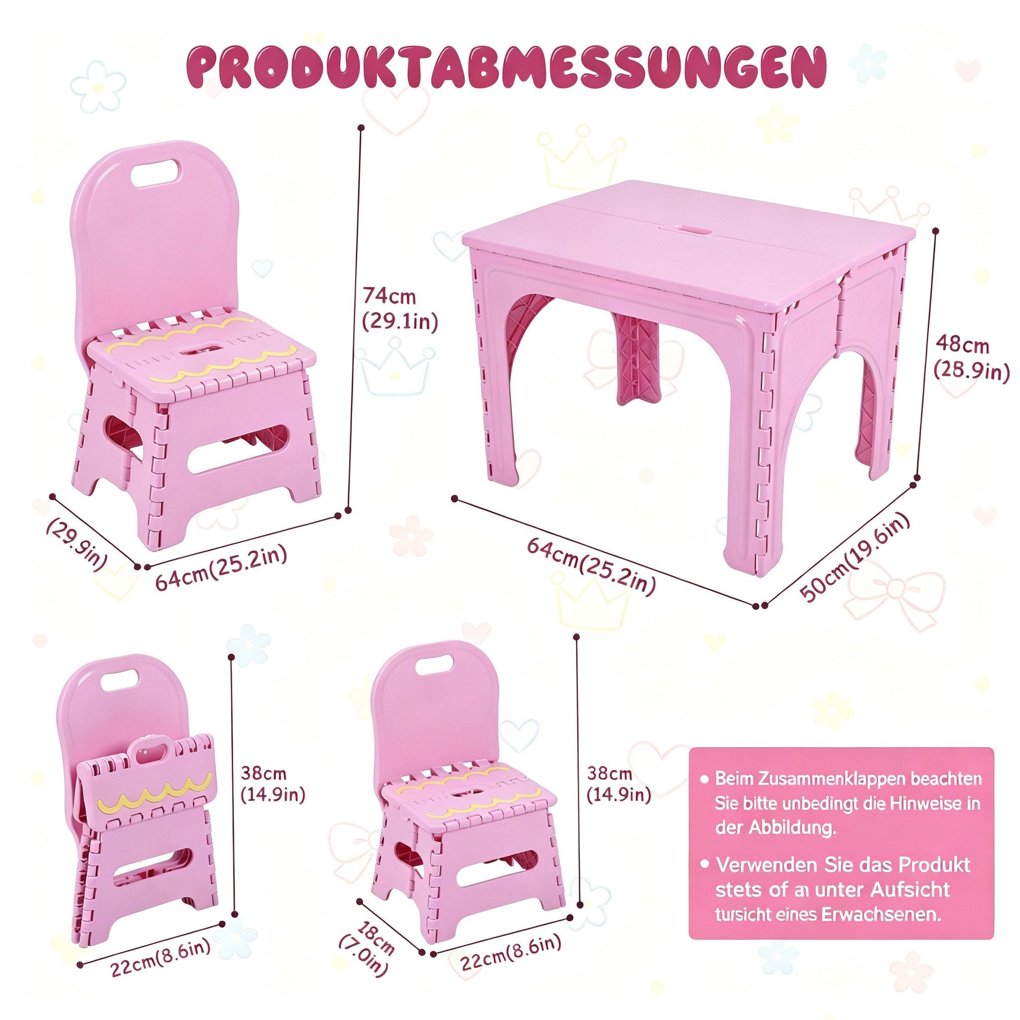 Rutaqian Kindertisch Kinder Sitzgruppe klappbar 2 Stühle Maltisch Lern Spieltisch (1 Kindertisch, 2 Stühle), Kinder-Falttisch 64×50×48 cm aus PP, zum Malen & Lernen, klappbar