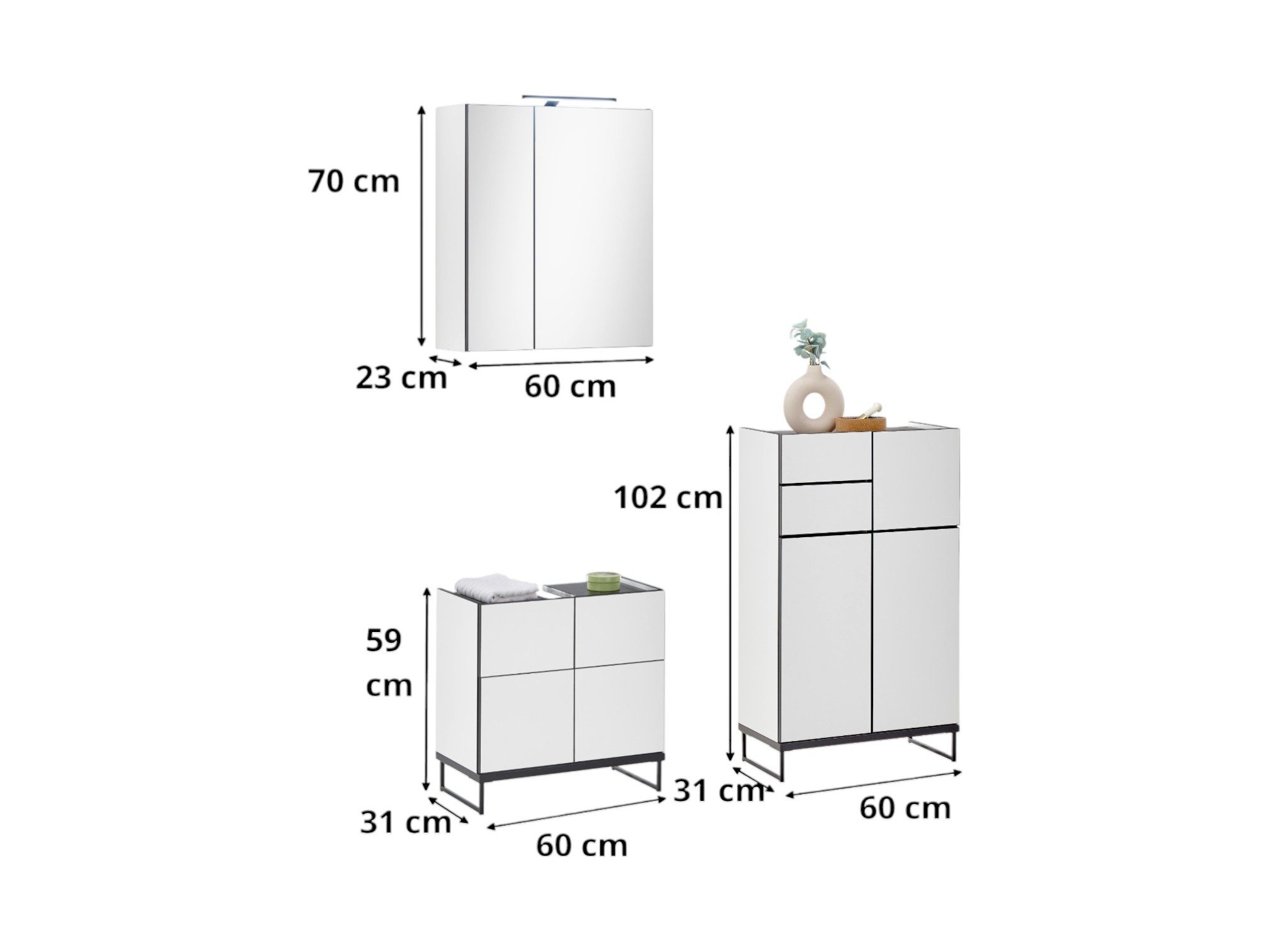moebel-dich-auf Badmöbel-Set VENEZIA, (Set 3, 3-St., Spiegelschrank, Waschbeckenunterschrank, Highboard), weiß matt, Absetzung: schwarz