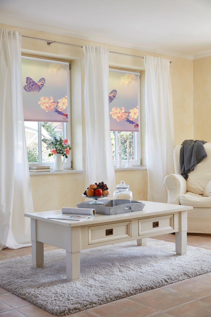 Seitenzugrollo Rollo Klemmfix, ohne Bohren, Verdunkelung, Schmetterling - Rosa, LICHTBLICK ORIGINAL, verdunkelnd, freihängend, Klemmfix