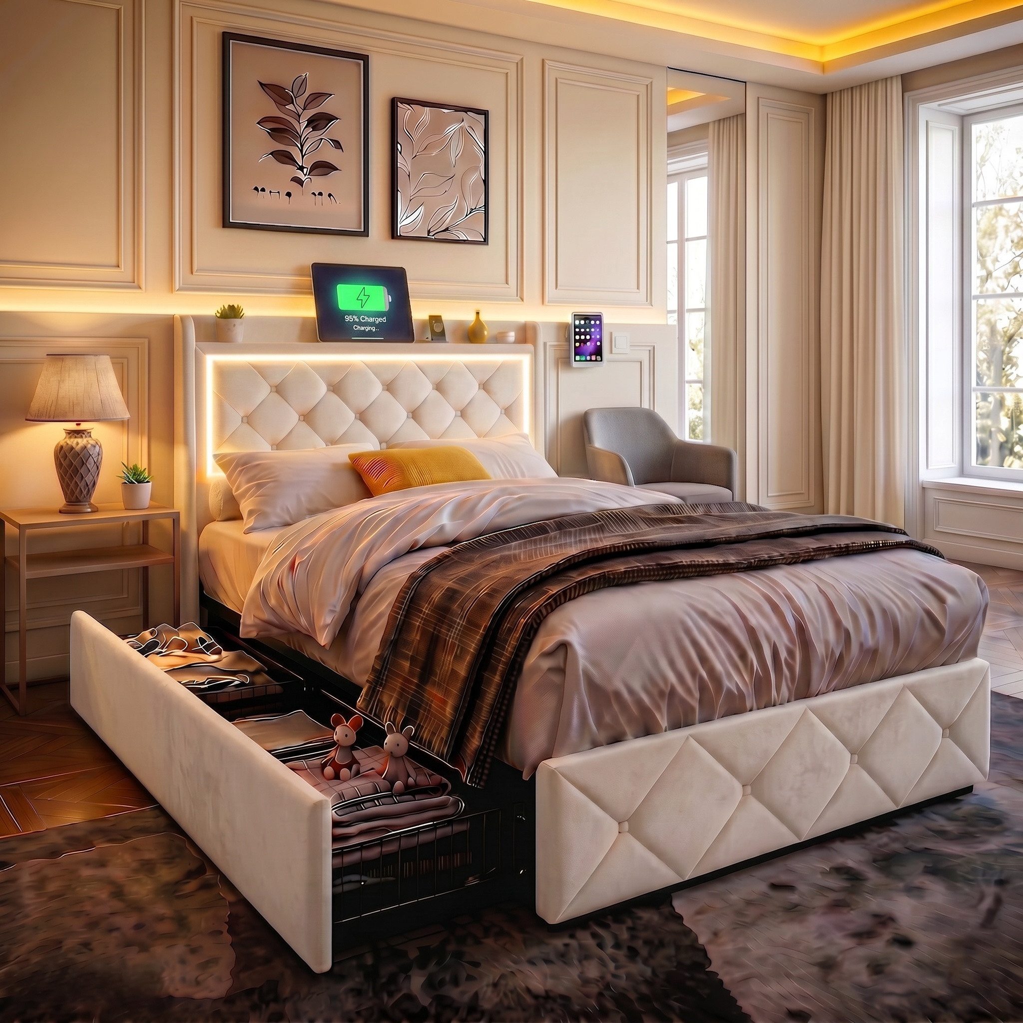 Furnishings Home Polsterbett LED Doppelbett Stauraumbett mit Kopfteil und 4 Schubladen (Samtmaterial Polsterbett mit RGB Beleuchtung), mit Lattenrost und Ladefunktion, mit Komforthöhe, Leises Design Bett