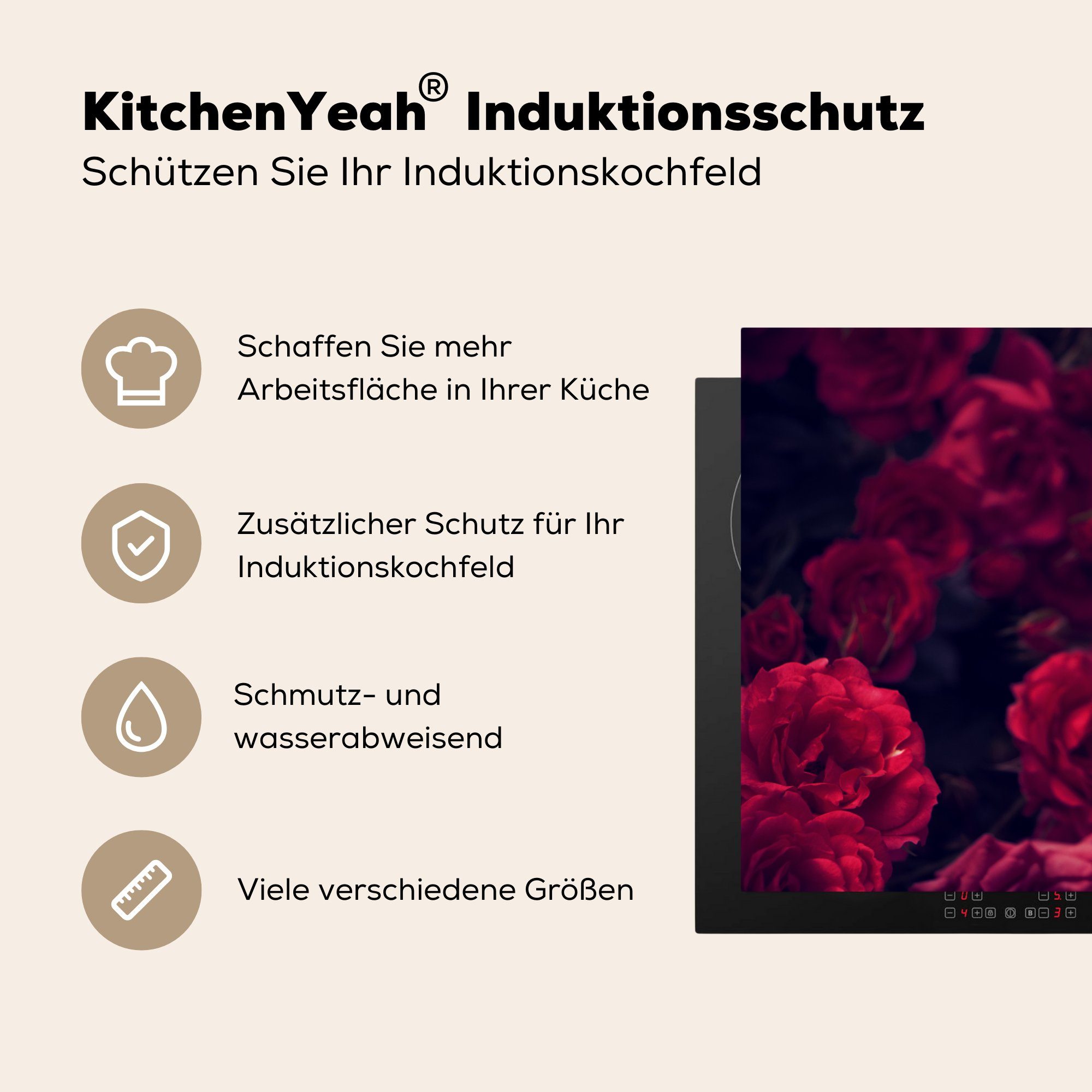 die küche, Vinyl, tlg), (1 81x52 Induktionskochfeld Herdblende-/Abdeckplatte Ceranfeldabdeckung - - Schwarz, für MuchoWow Rot cm, Rosen Schutz