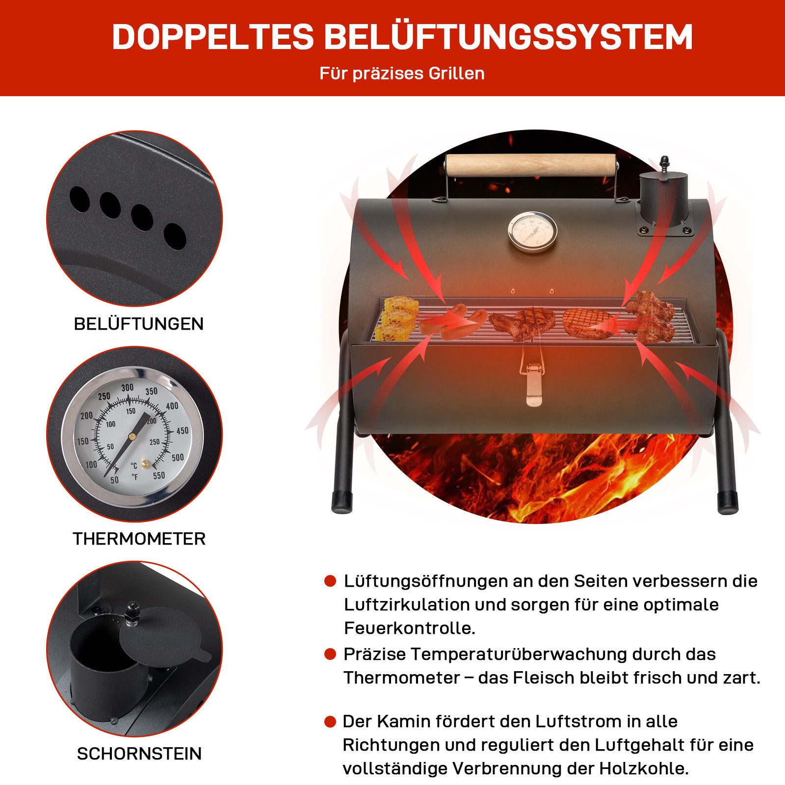 LALAHO Holzkohlegrill Tragbarer mit Deckel, Temperaturregelung, Tischgrill Klappgrill für Camping, Garten, 38x30.5x38cm – Bild 3 von 5