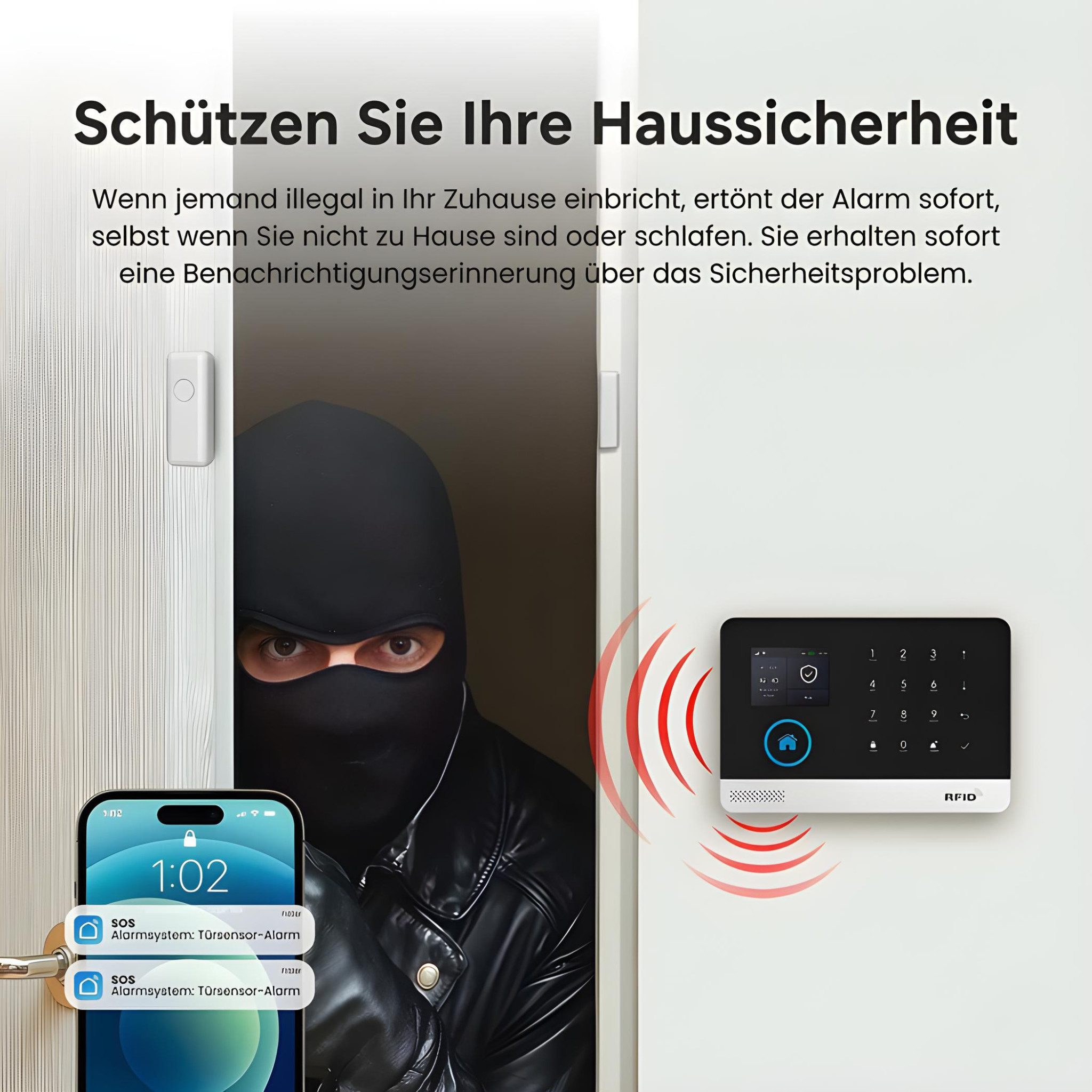 HS.SUPPLY WLAN Alarmanlage Set mit App, Bewegungsmelder & Türsensor Alarmanlage (Smart Alarmanlage mit App, 100 dB Sirene und 24h Akku-Backup)