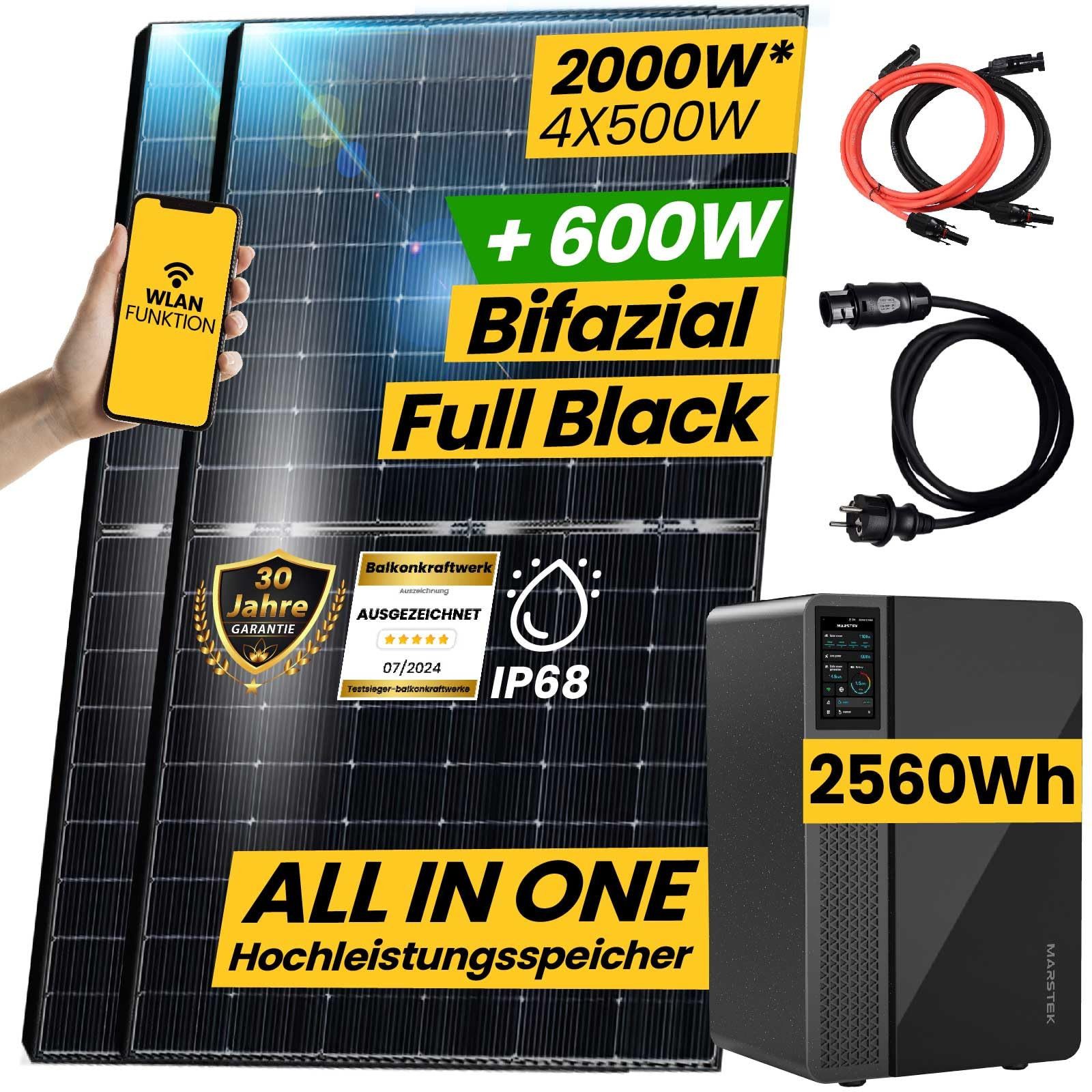 EPP.Solar Balkonkraftwerk mit Speicher Komplett set 2,56kWh Marstek Jupiter C Solar Speicher, 2000,00 W, Monokristallin, (2000W Solaranlage mit Speicher 2,56kWh Marstek Jupiter C Speicher inkl. 800W integrietem Wechselrichter, 4x 500W Bifaziale Solarmodule Plug und Play), Ohne PV Montagesystem