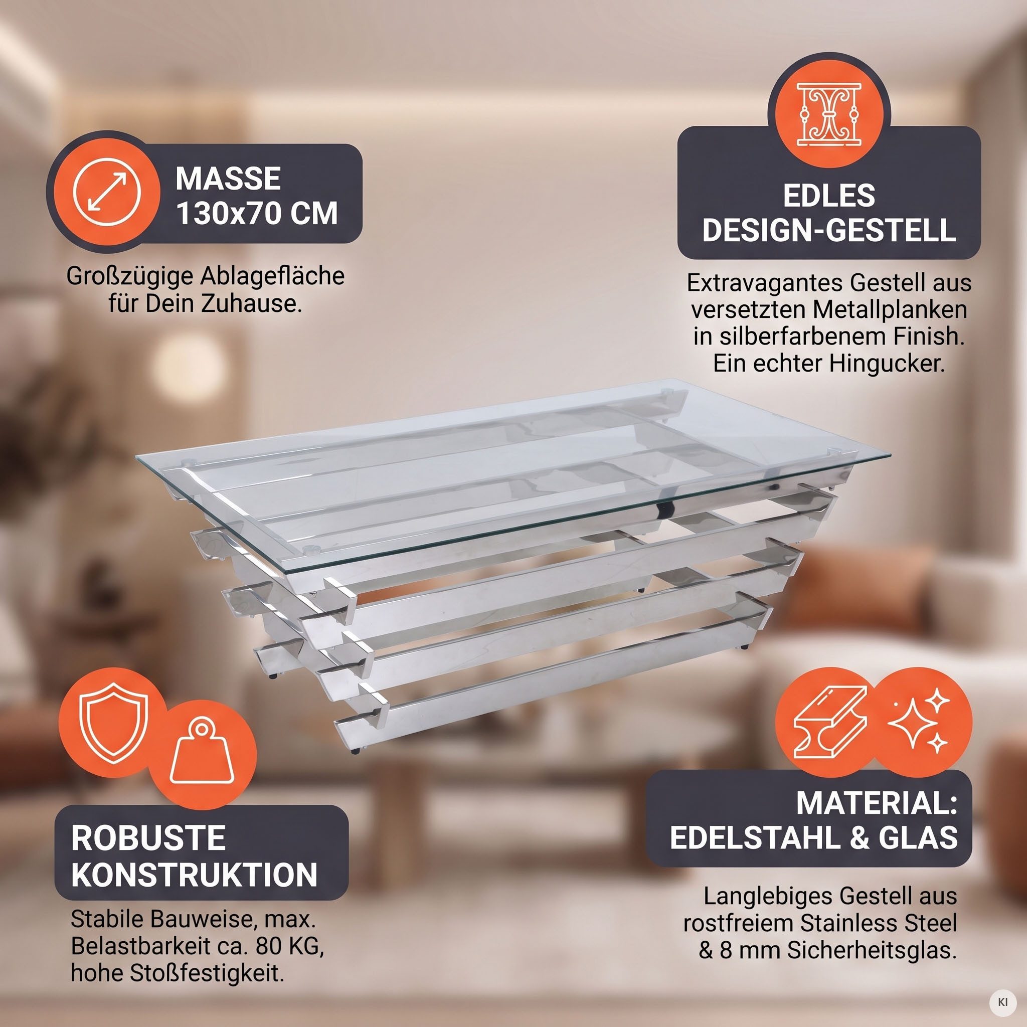SalesFever Couchtisch Eleganter Tisch für Wohnzimmer, Edles Design-Gestell aus rostfreiem Stahl