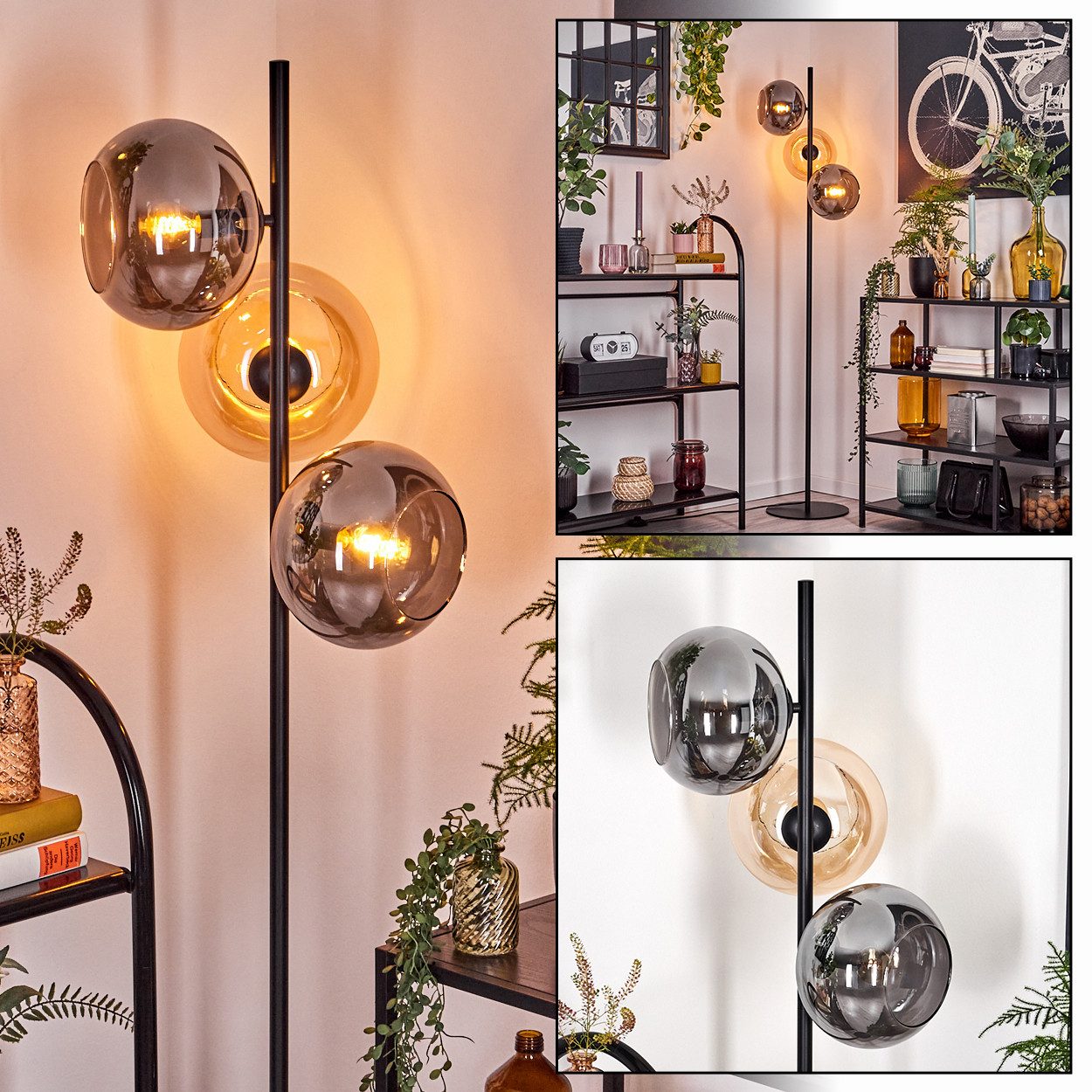 Stehlampe Stehlampe aus Metall/Glas in Schwarz/Rauch/Bernstein mit Fußschalter