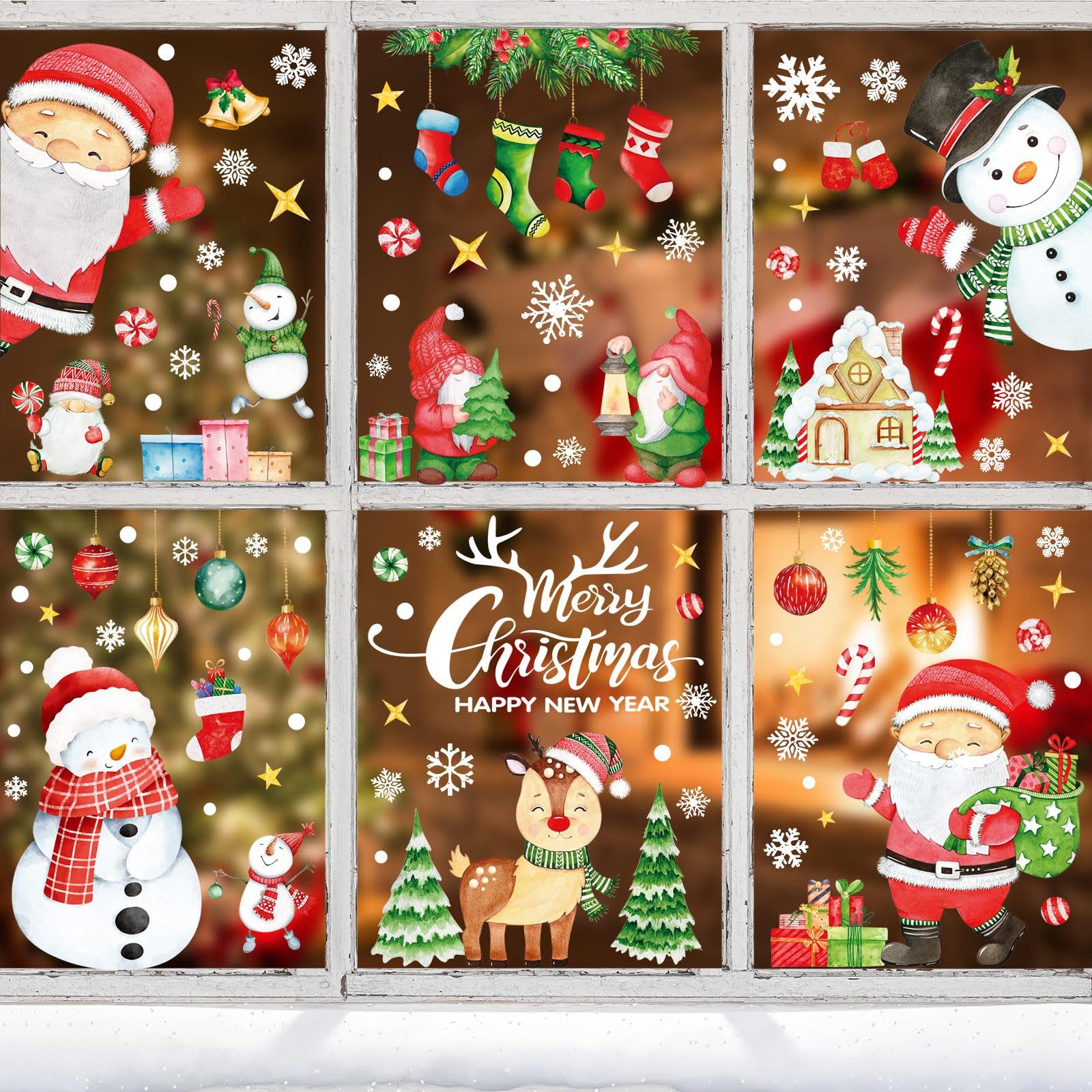 FOUORTUNATE-BEE Fensterdekoration Weihnachts Fensterbilder Set mit Nikolaus und Rentieren, Selbstklebende Fenstersticker für Küche, Kinderzimmer und Party