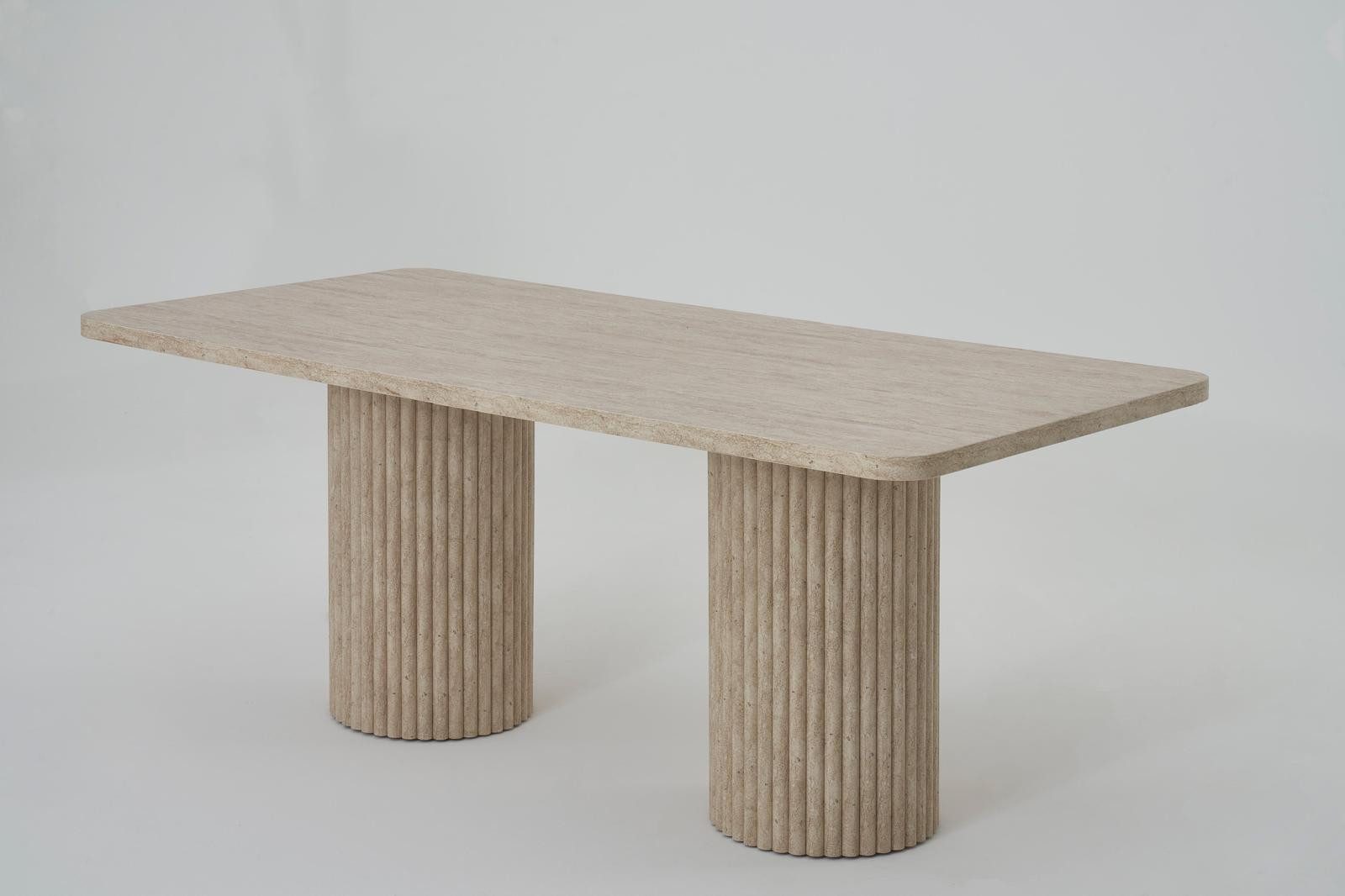 Bermo Home Esstisch Moderner Esstisch in Travertin-Optik Beige (kein Set (einzeln erhältlich), Travertin-Optik, geriffelte Säulenbeine