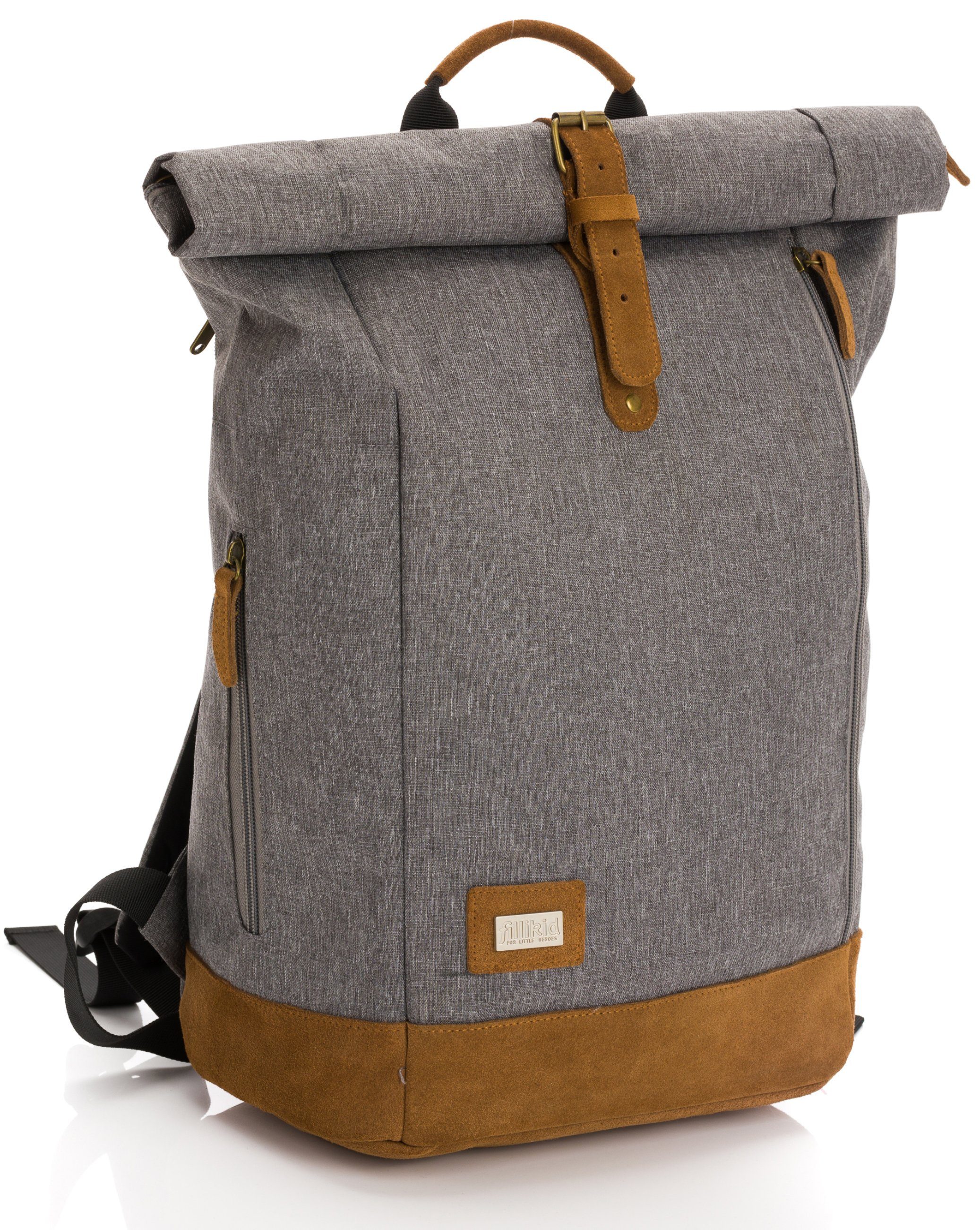 Fillikid Wickelrucksack Rolltop Berlin, grau melange, inkl. Wickeltunterlage