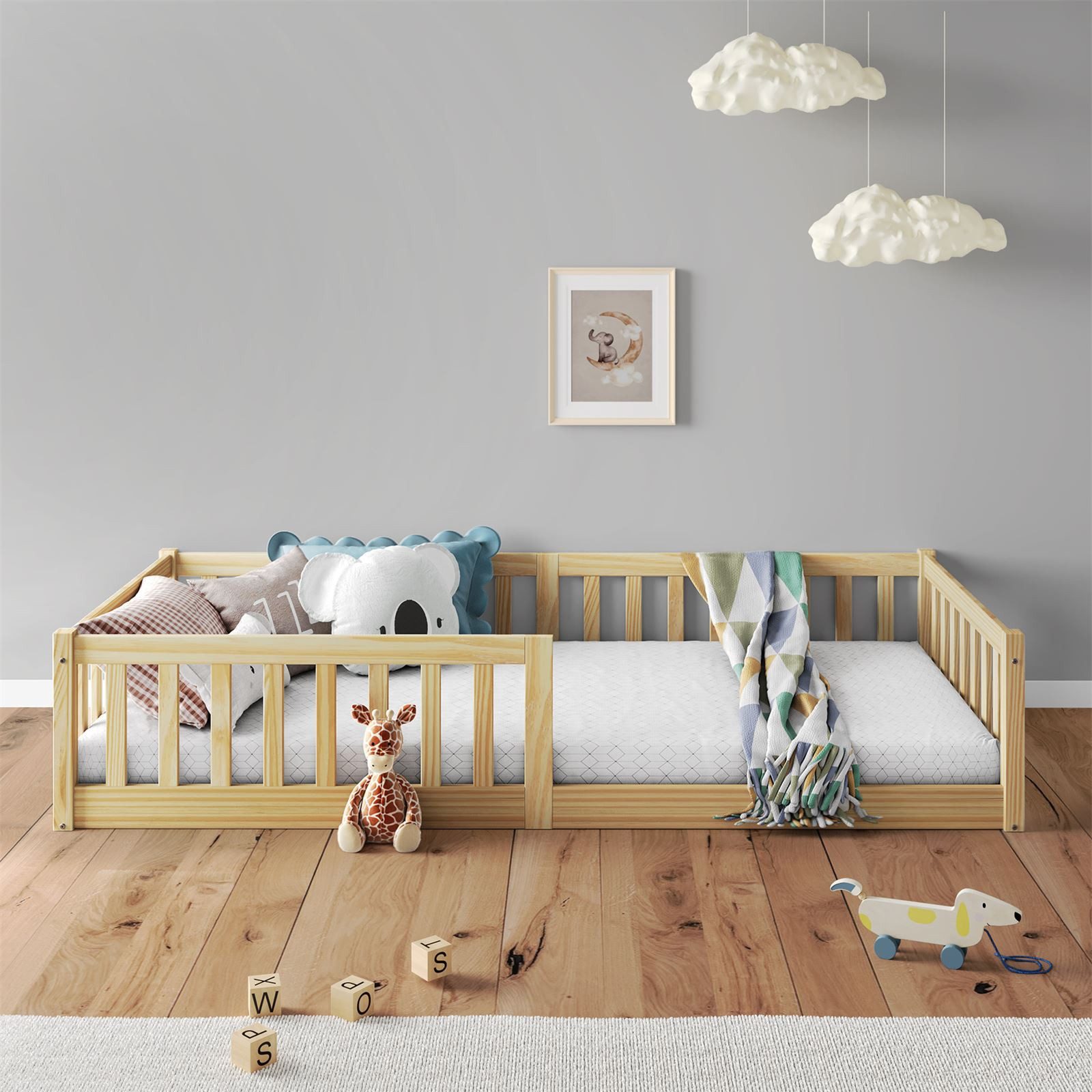 IDIMEX Montessori Bodenbett Gustavo 90x190cm - Massivholz Kinderbett Mit Rausfallschutz