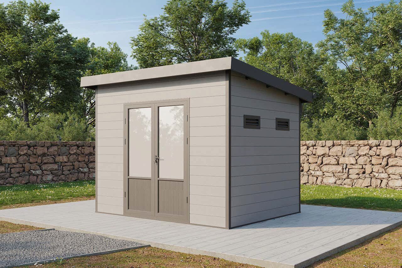 Finnhaus Wolff Gerätehaus Holz WPC Terra 3024 28 Anthrazit/Hellgrau, BxT: 334x277 cm, in Naturbelassen mit 28mm Wandstärke