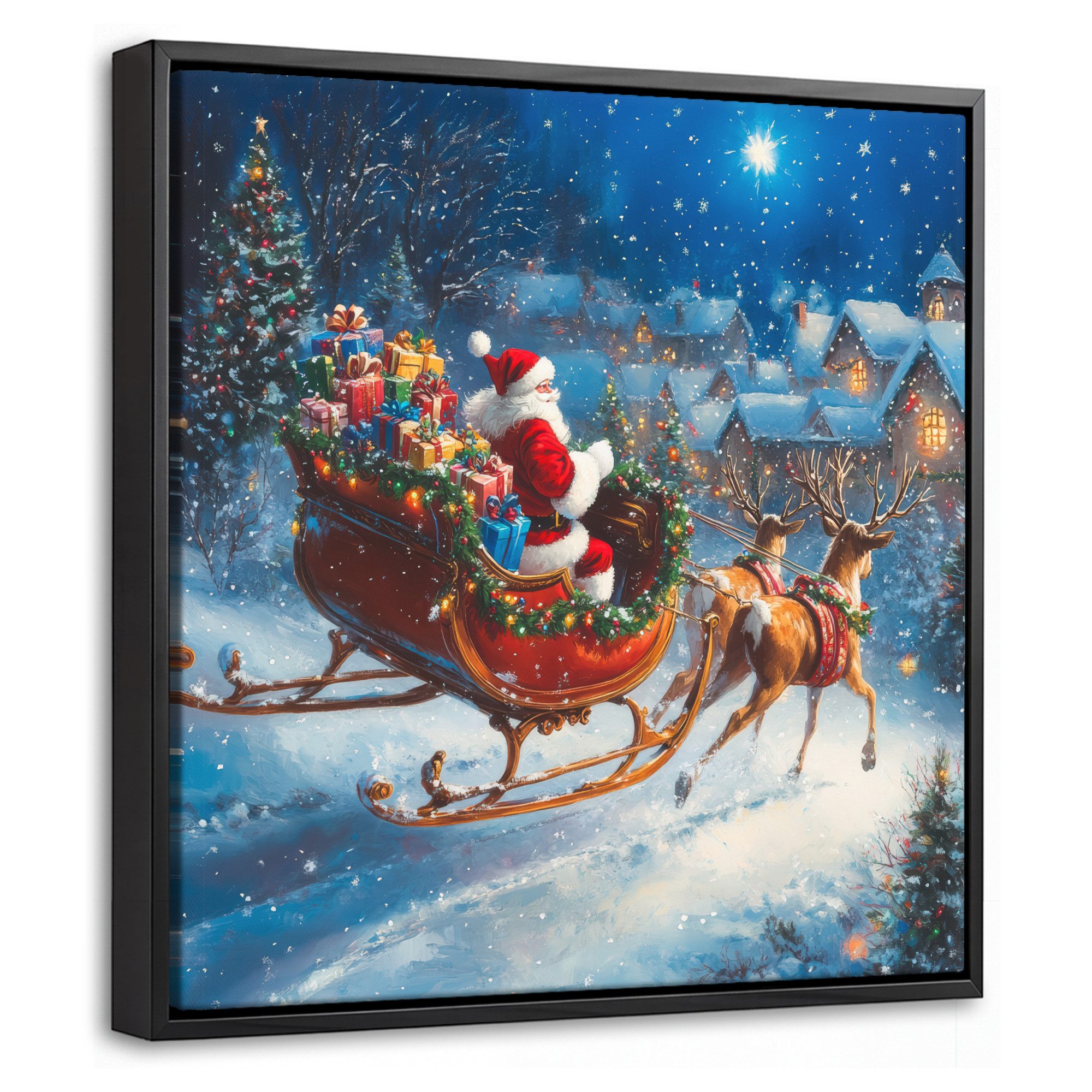 OneMillionCanvasses® Leinwandbild mit Rahmen - Weihnachtsmann - Rentier - Weihnachten - Schnee, Fotodruck (1 St), Leinwand Bilder Klein, Wand Dekoration Aesthetic 20x20cm