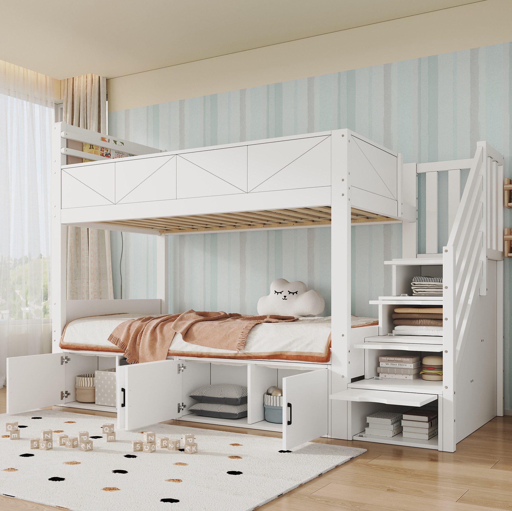REDOM Etagenbett Kinderbett mit integrierter Aufbewahrung, Holzbett (90x200cm, Treppenstauraum, Sicherheitsrand und Regalfächern), Stauraumbett Gästebett, ohne Matratze