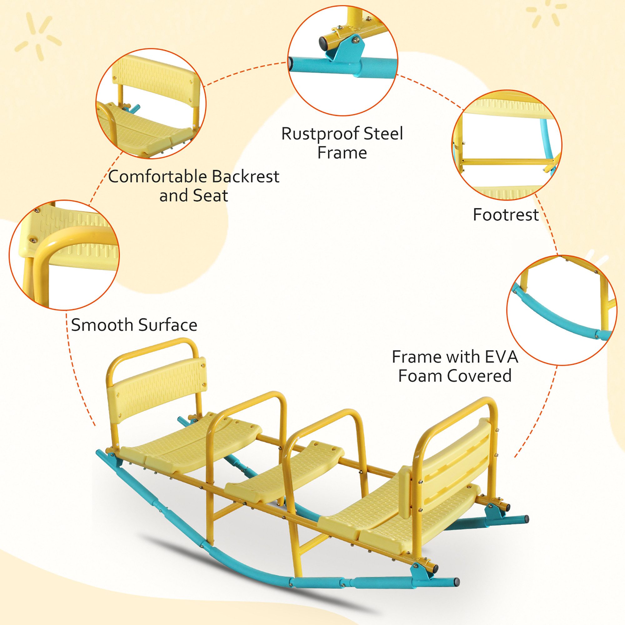 Rolipo Wippe 3-Sitzer Kinderwippe Outdoor Spielgerät mit Rückenlehne & Haltegriffen 133x42x52cm, Geschenke für Kinder 3–8 Jahre