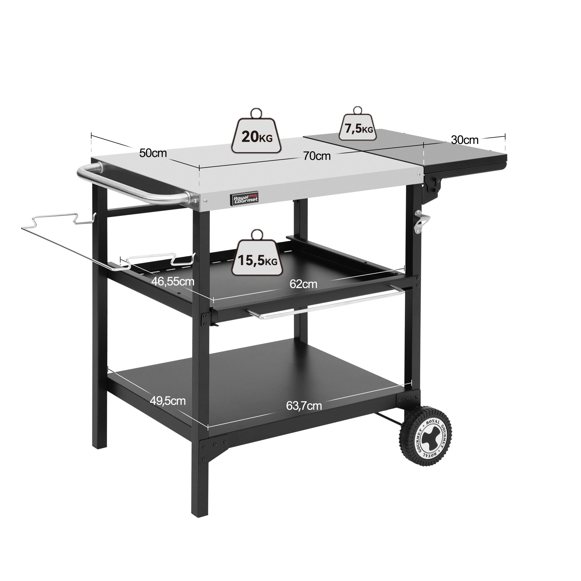 Royal Gourmet Grillablagetisch Outdoor Grilltisch mit 3 Etagen, Edelstahl-Tischplatte 70 x 50 cm, Servierwagen mit Push-Pull Regal, klappbarer Seitenablage 30 x 50 cm