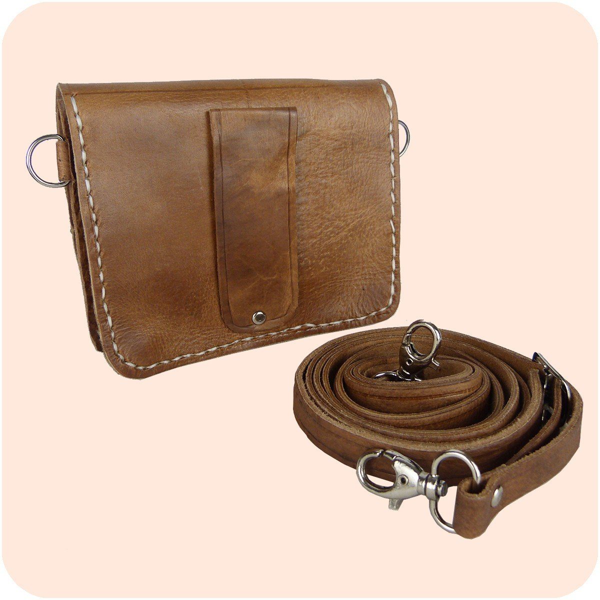 Schultertasche als aus 12x16cm Handtasche - Echtleder Tanger tragbar & Leder Handtasche Hellbraun SIMANDRA Gürteltasche