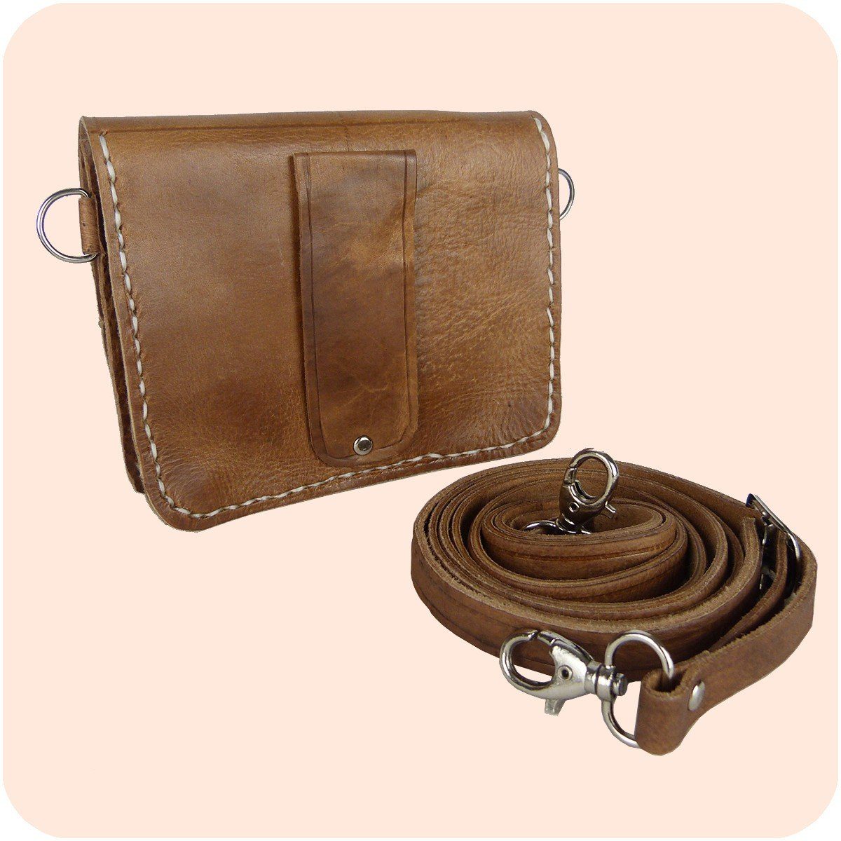 aus - tragbar Handtasche Hellbraun SIMANDRA Leder Handtasche & Schultertasche Tanger Gürteltasche 12x16cm als Echtleder