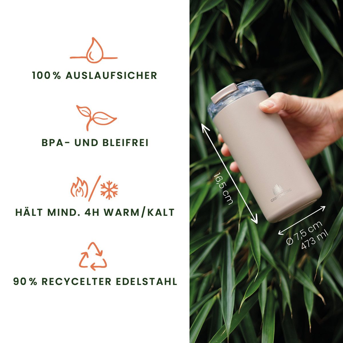 GRØNENBERG Thermobecher Kaffeebecher to go 440ml, 100% Auslaufsicher, Hält mind. 4 h warm, Rutschfest