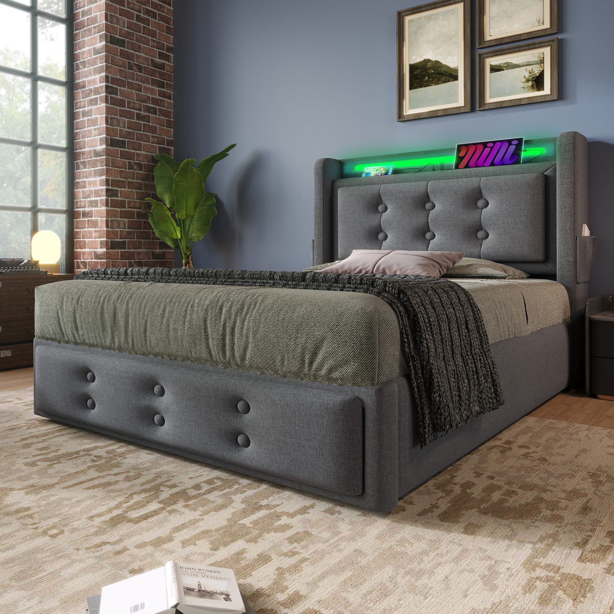 Flieks Polsterbett, LED Einzelbett 90x200cm mit Ladefunktion und hydraulisc günstig online kaufen